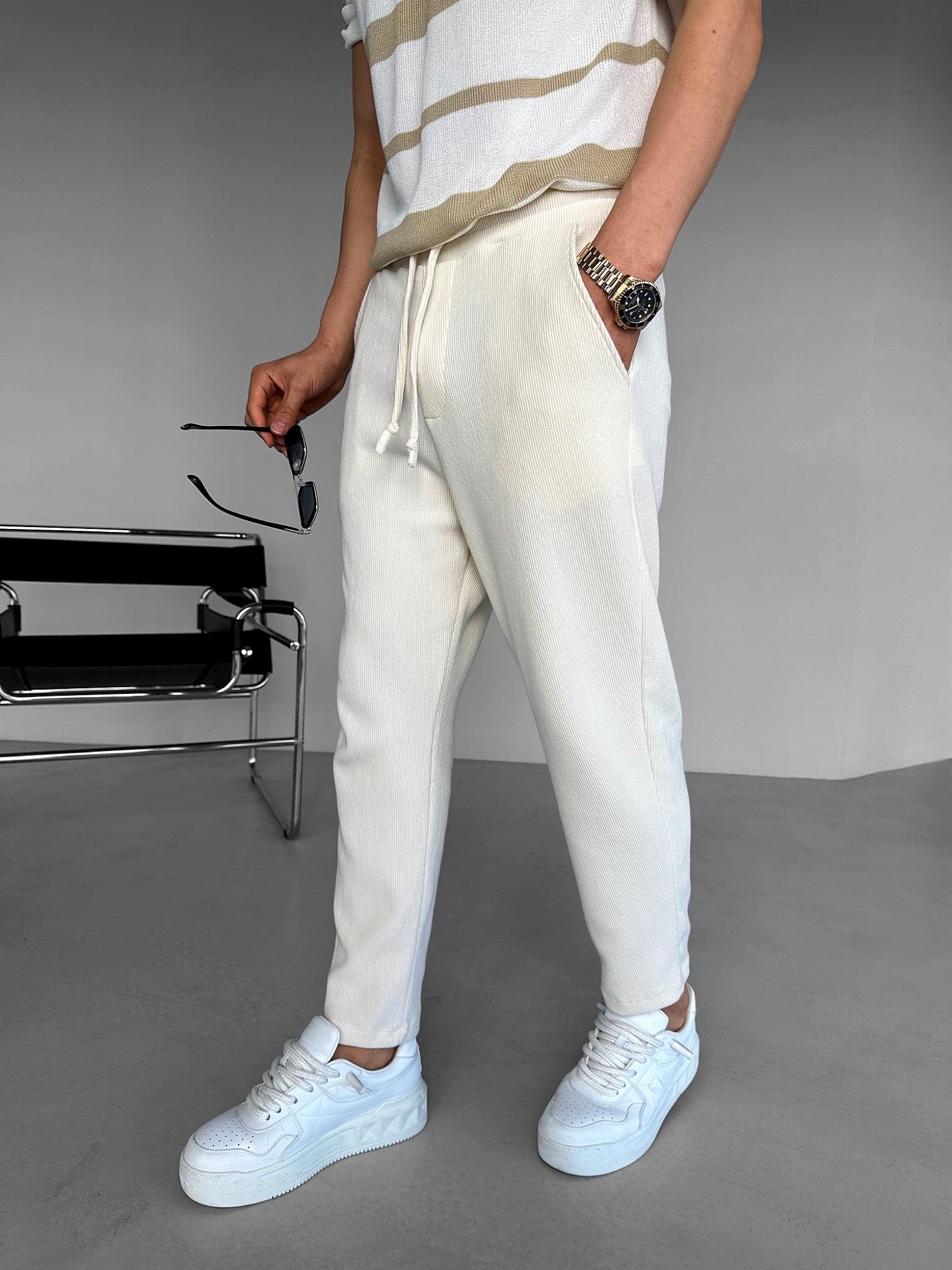 Loose Fit İpli Esnek Triko Rahat Pantolon Ekru