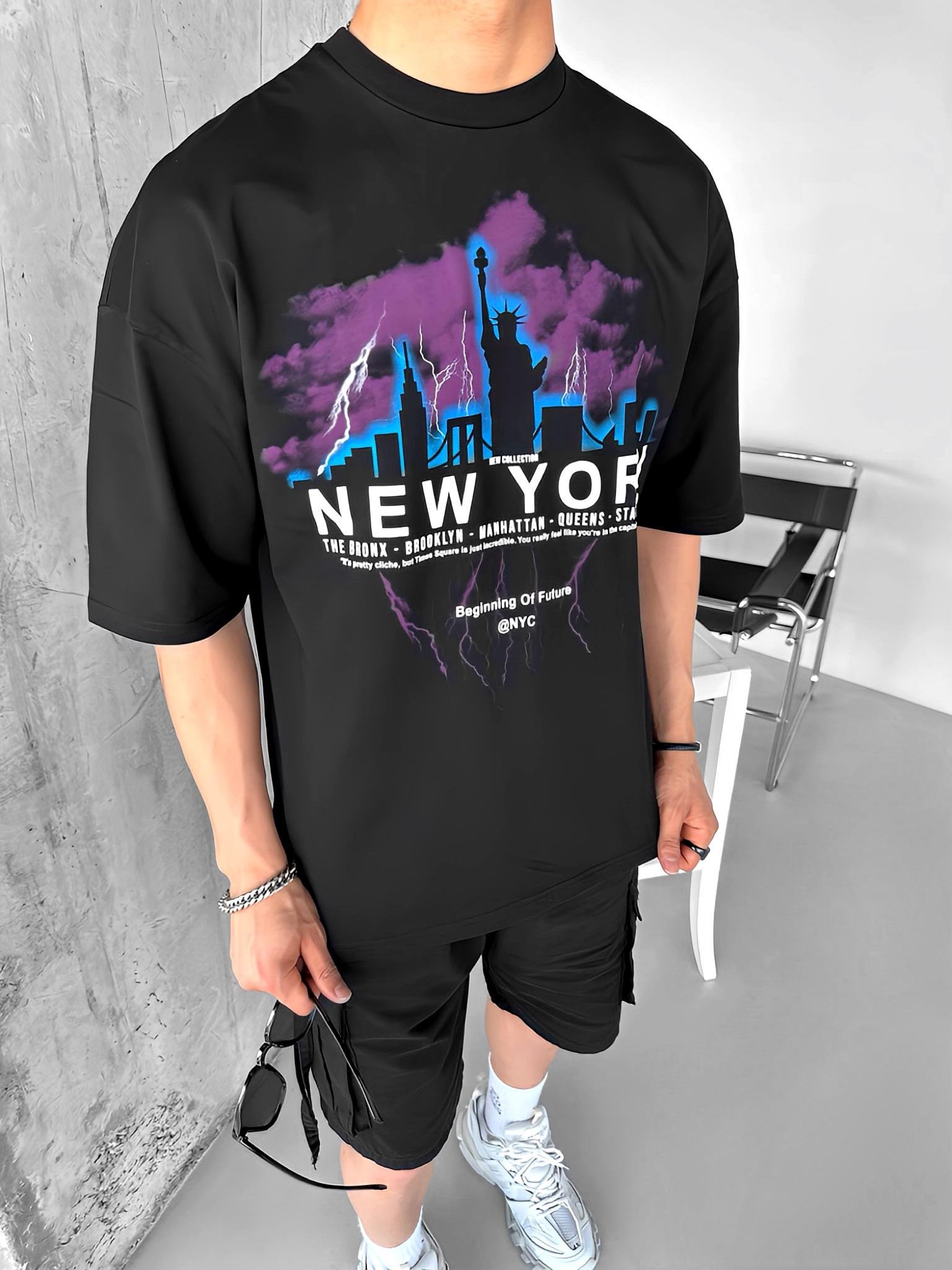 New York Baskılı Oversize T-Shirt Siyah