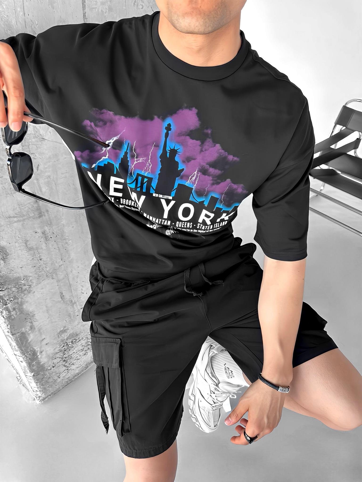 New York Baskılı Oversize T-Shirt Siyah