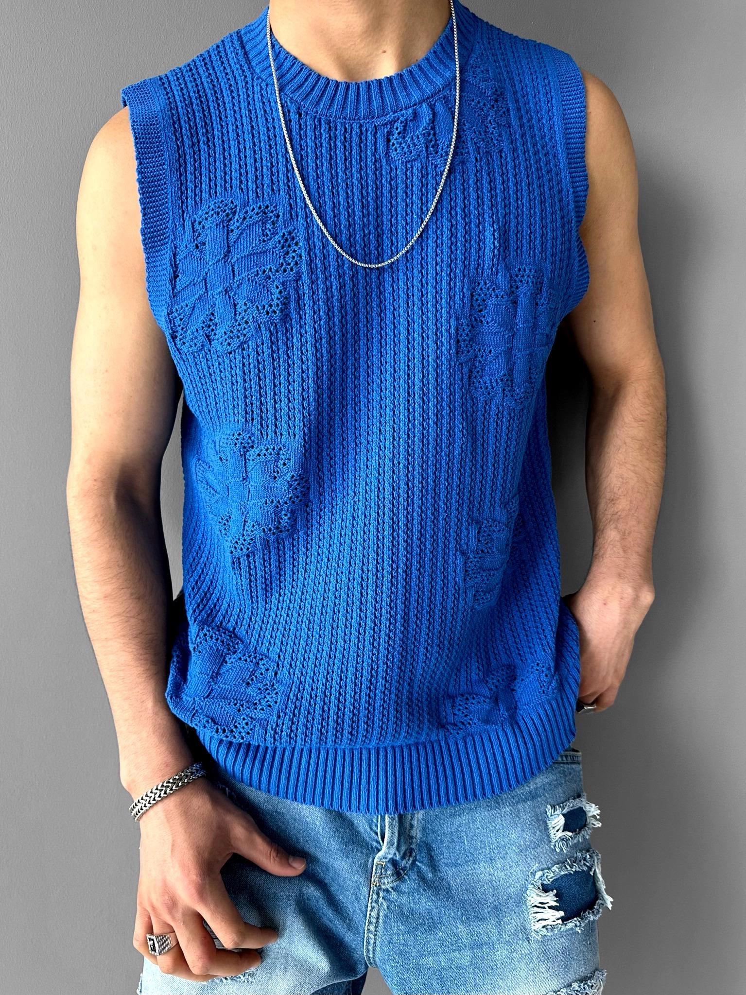 Örme Desenli T-shirt Saks Mavi