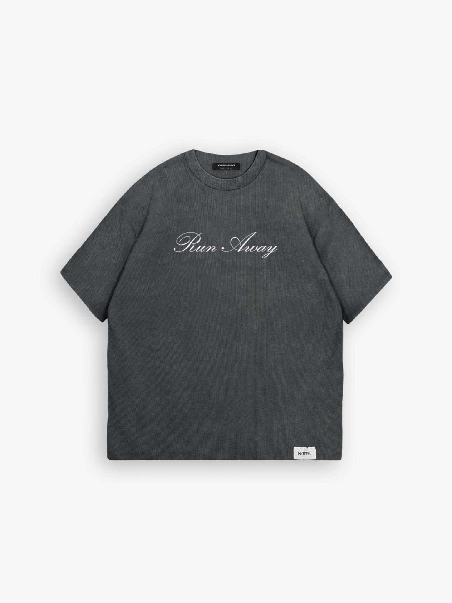 Oversize %100 Pamuk Yıkamalı Run Away Baskılı T-Shirt Koyu Gri