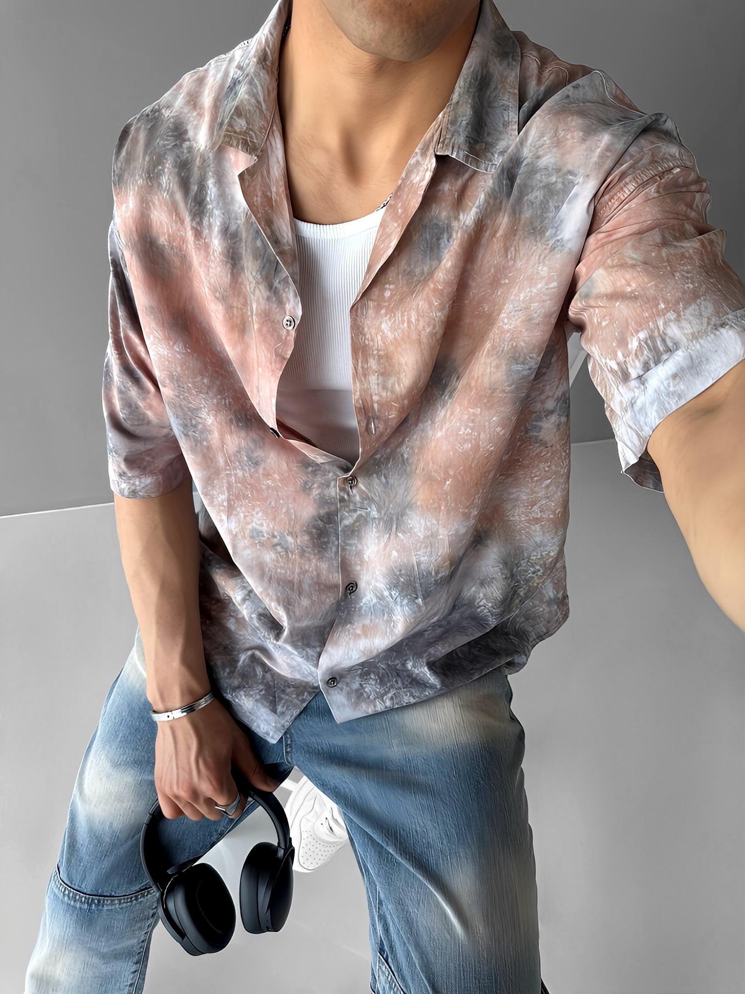 Oversize Apaş Yaka Desenli Gömlek Gri