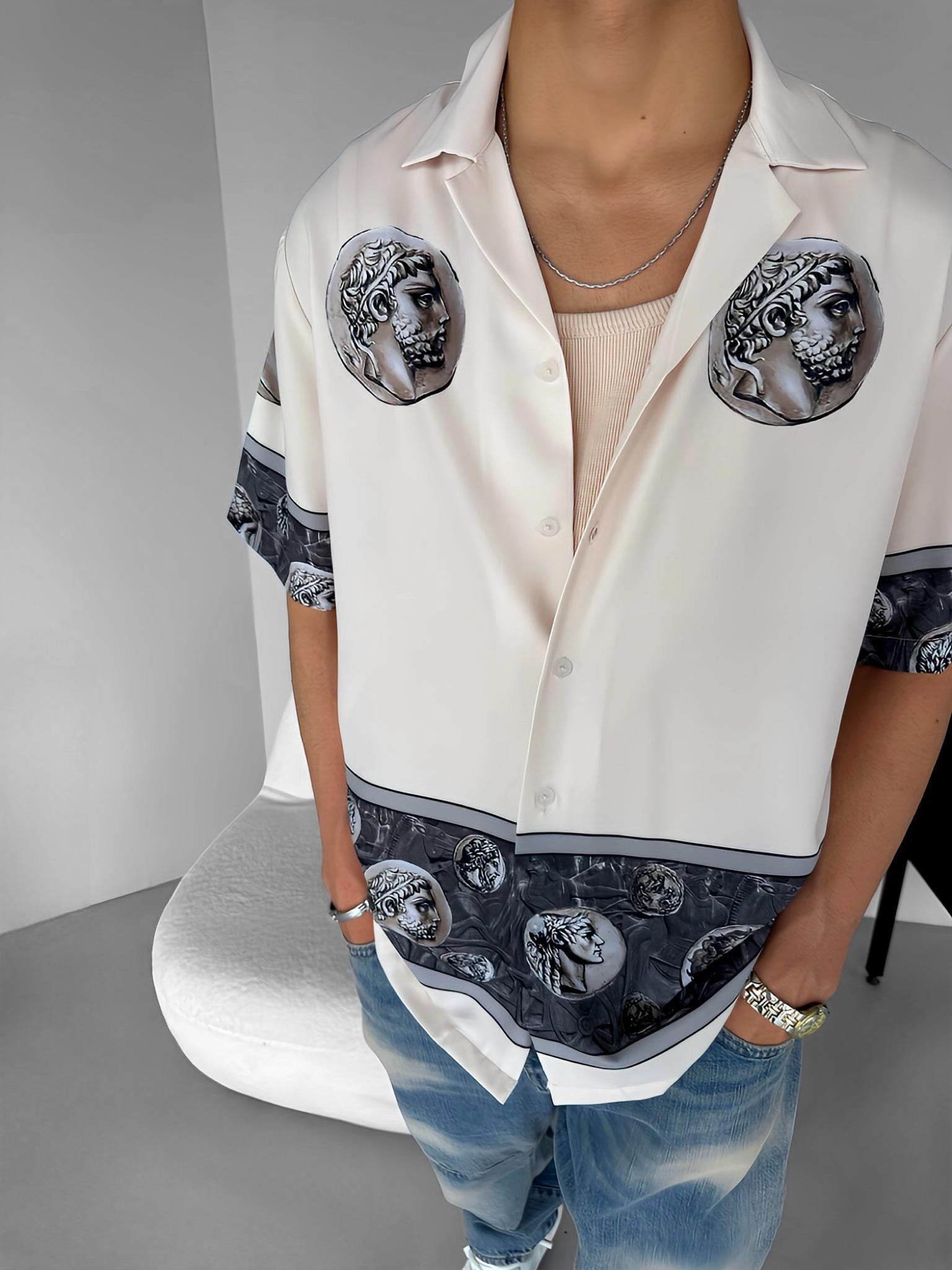 Oversize Baskılı Gömlek Bej