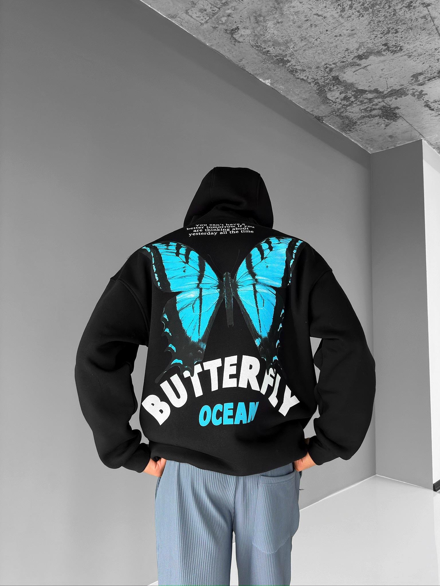 Oversize Butterfly Baskılı Hoodie Siyah