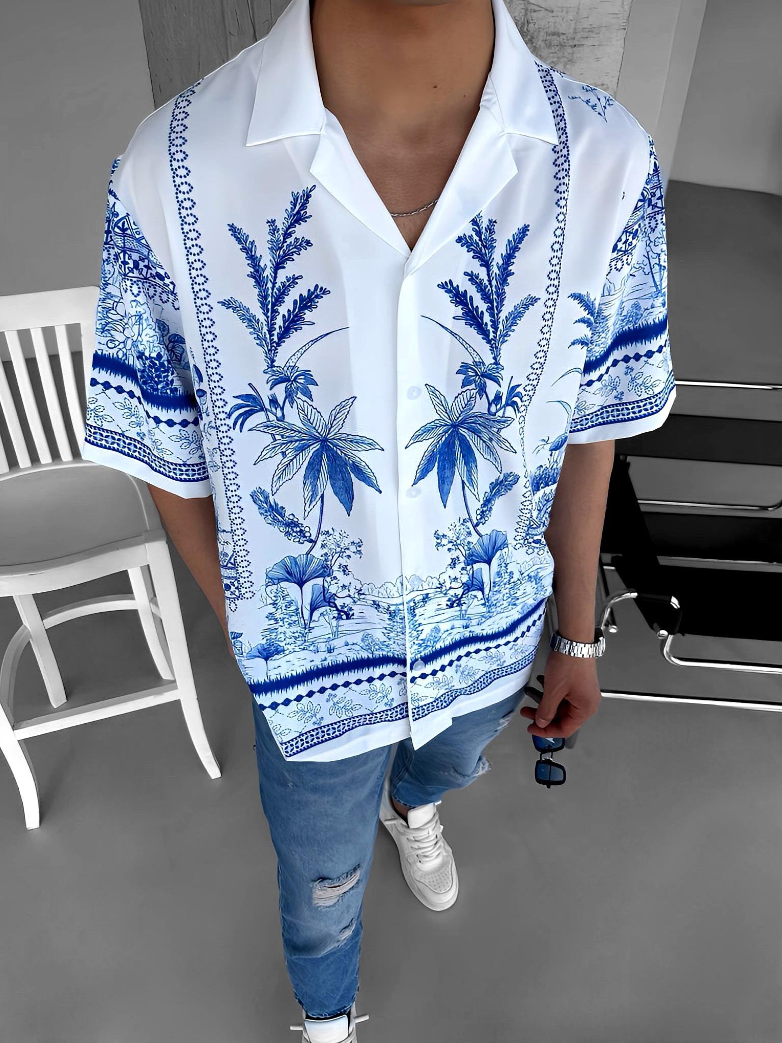 Oversize Çiçek Desenli Küba Yaka Kısa Kol Gömlek Ekru