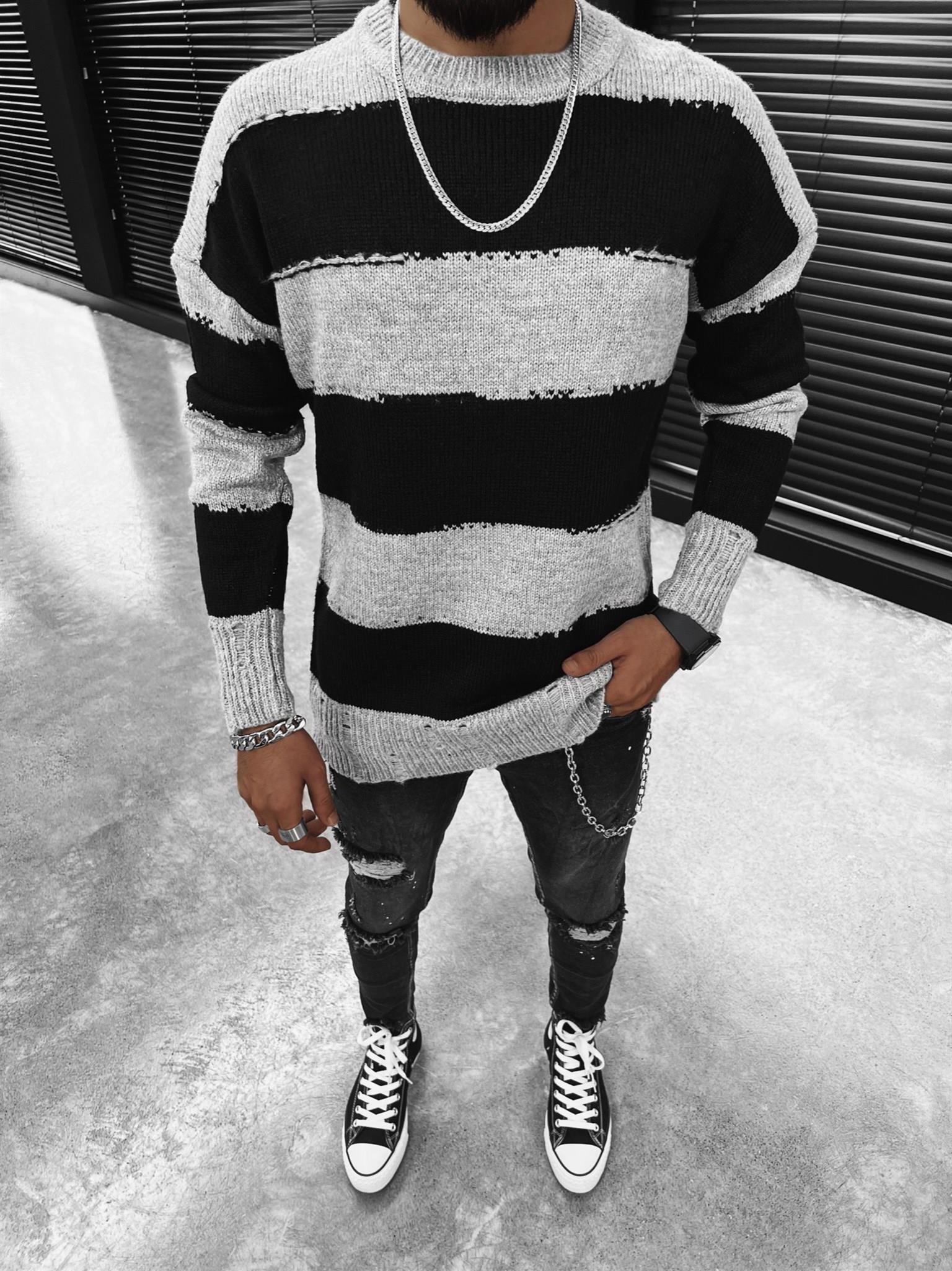 Oversize Çizgili Kazak Gri