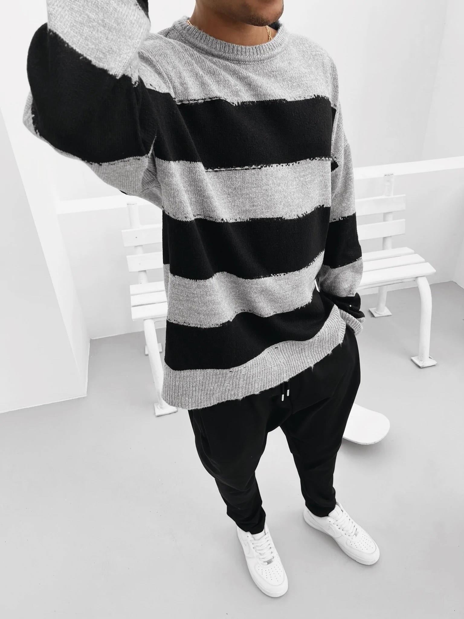 Oversize Çizgili Kazak Gri