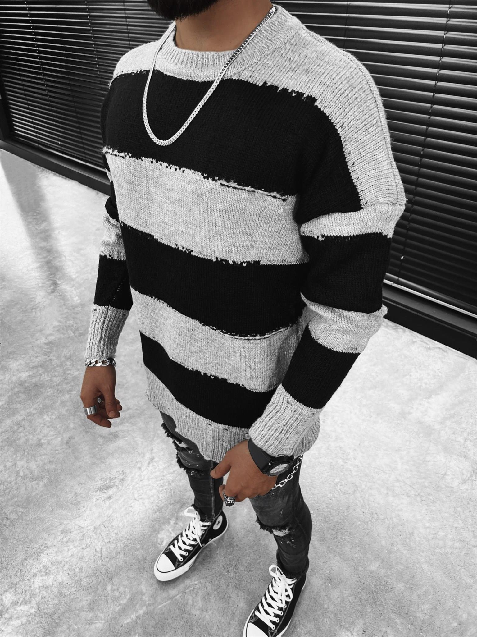 Oversize Çizgili Kazak Gri