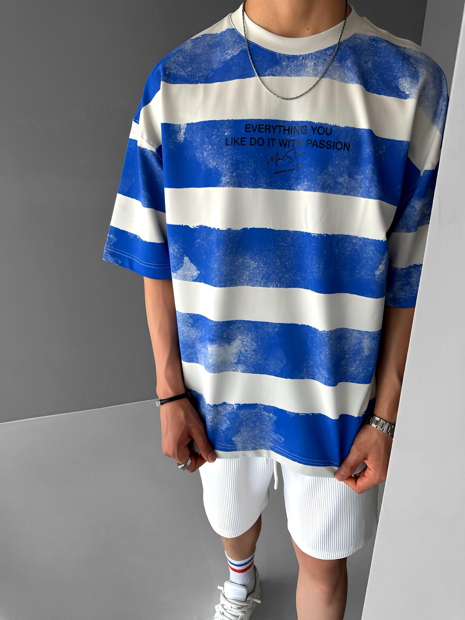 Oversize Çizgili Yuvarlak Yaka Pamuklu T-Shirt Mavi