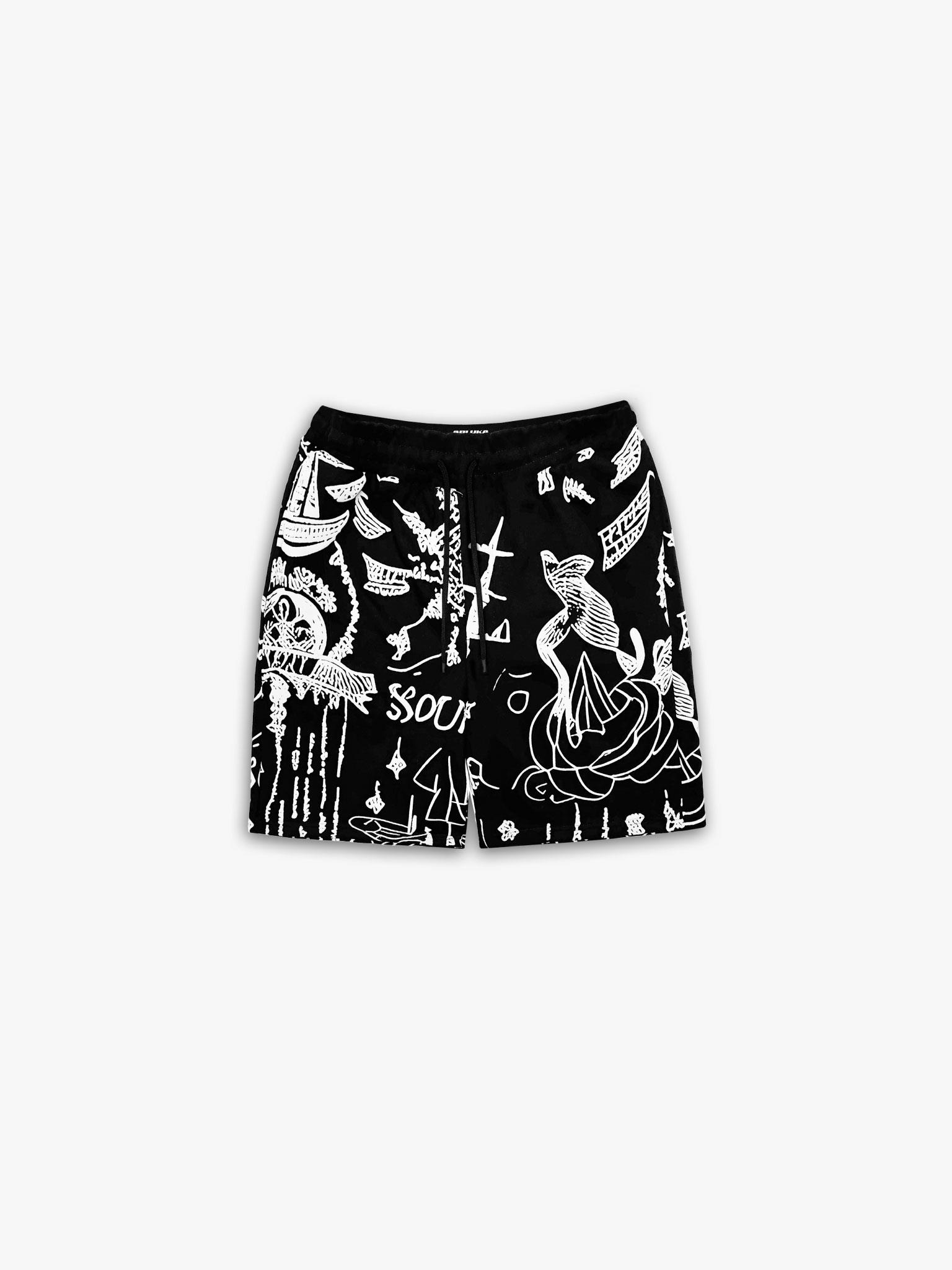 Oversize Desen Baskılı Rahat Kumaş Şort Siyah