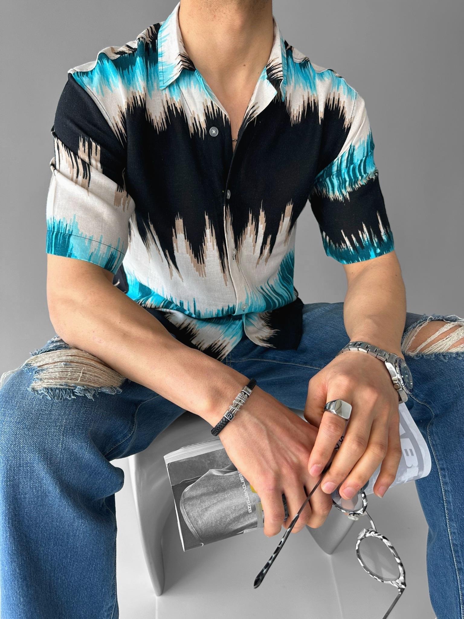 Oversize Desenli Küba Yaka Kısa Kol Gömlek Siyah