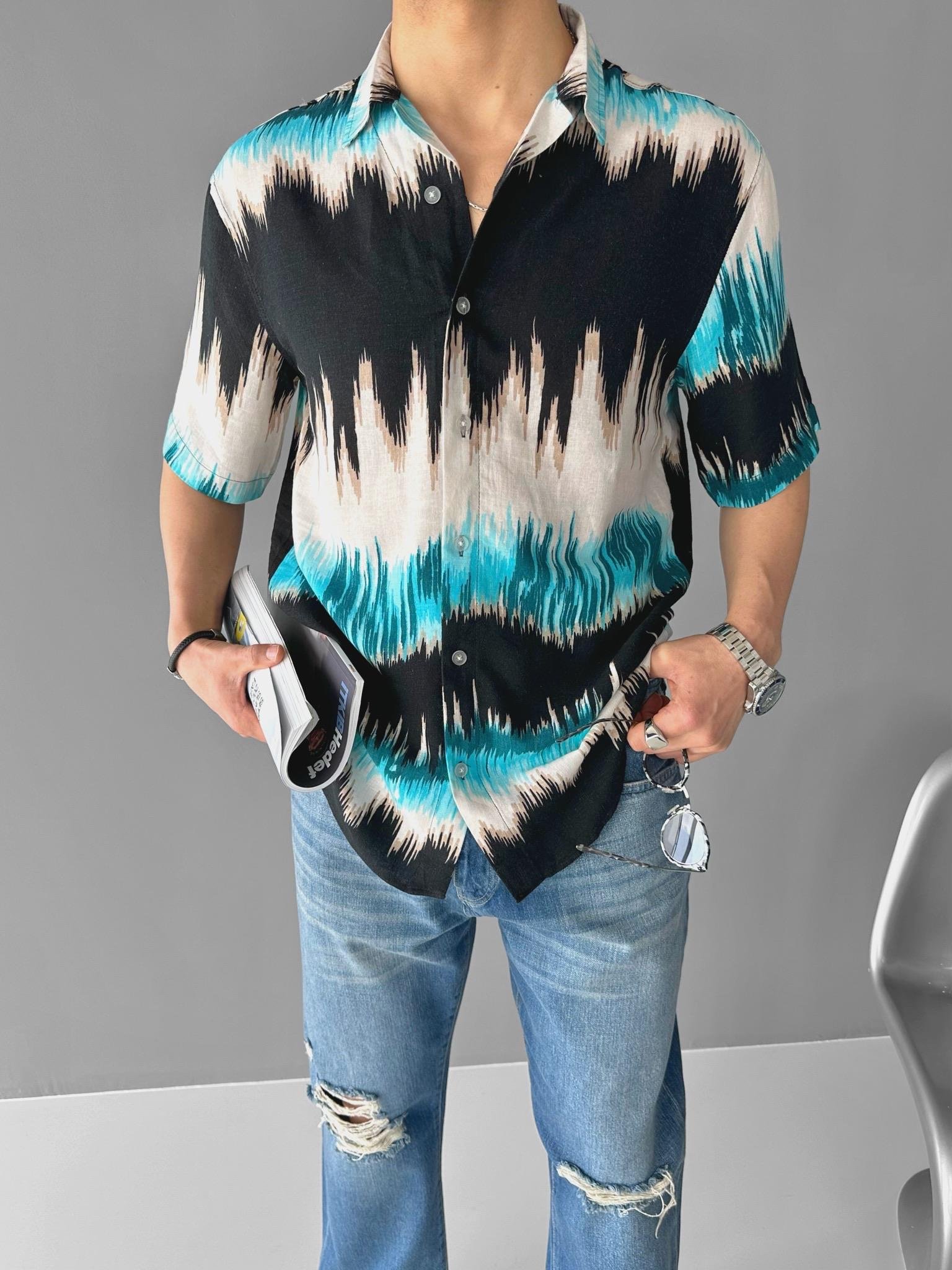 Oversize Desenli Küba Yaka Kısa Kol Gömlek Siyah