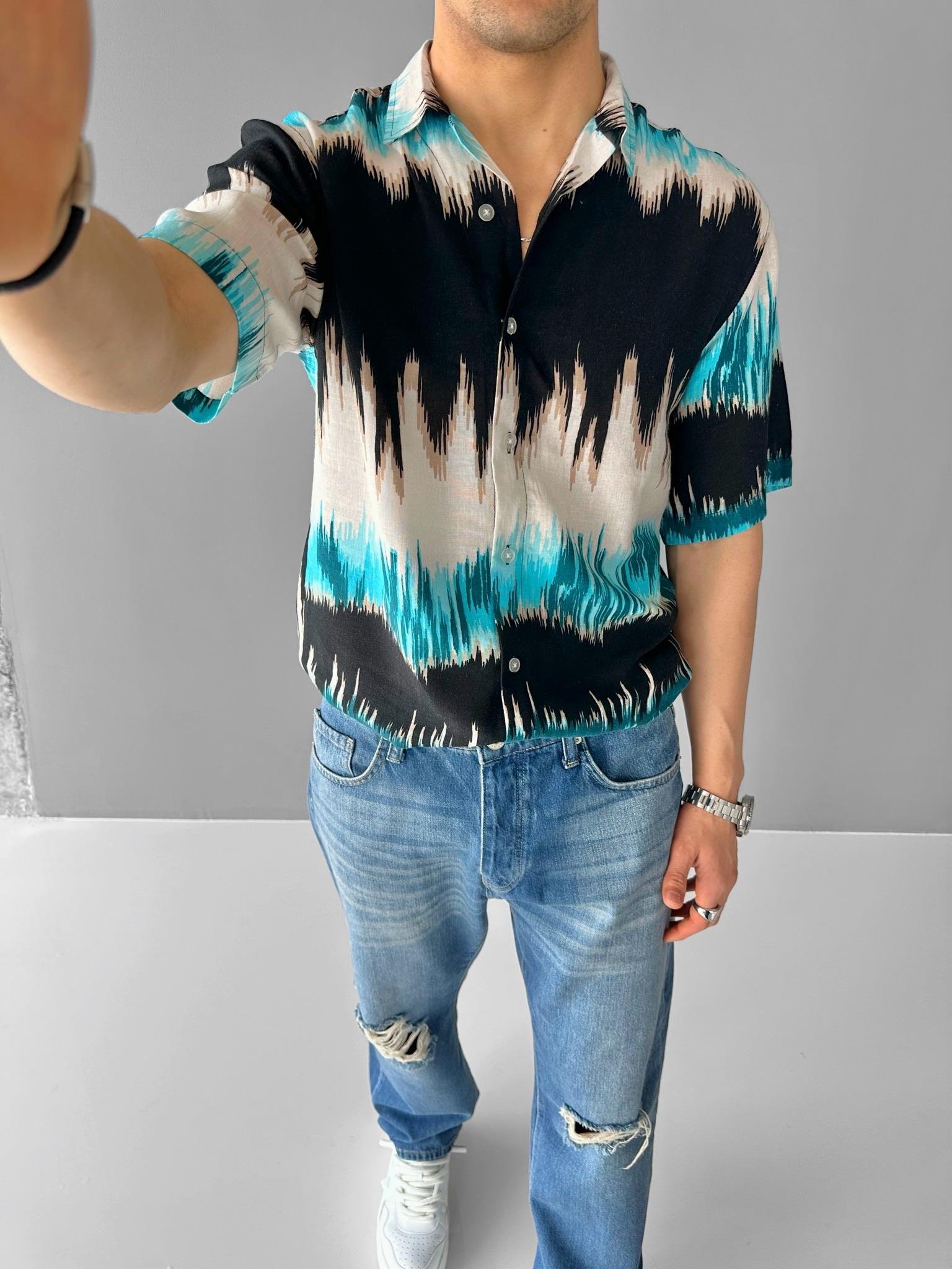 Oversize Desenli Küba Yaka Kısa Kol Gömlek Siyah