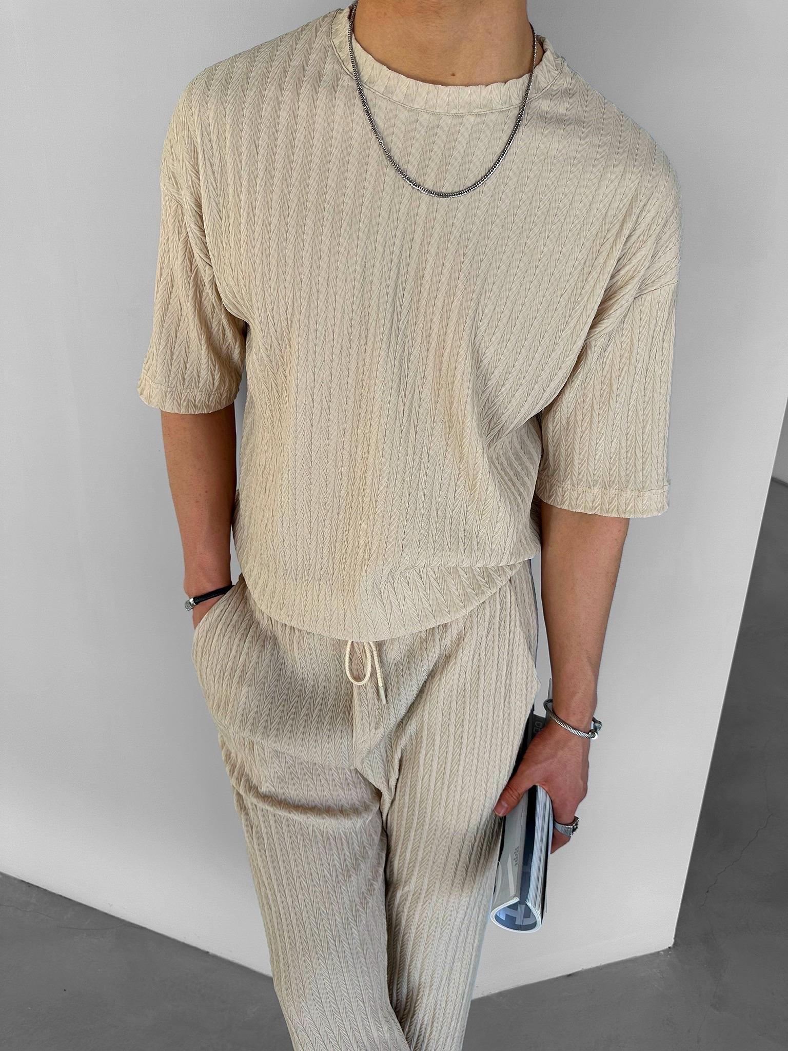 Oversize Desenli T-Shirt Bej