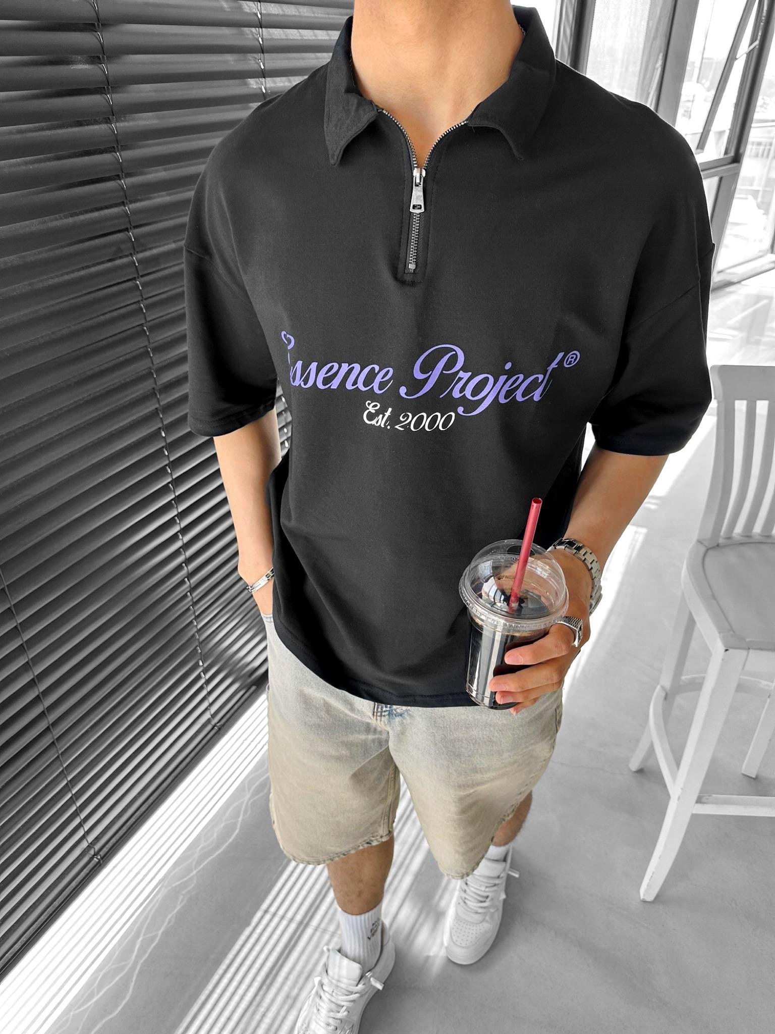 Oversize Fermuarlı Polo Yaka Baskılı T-Shirt Siyah