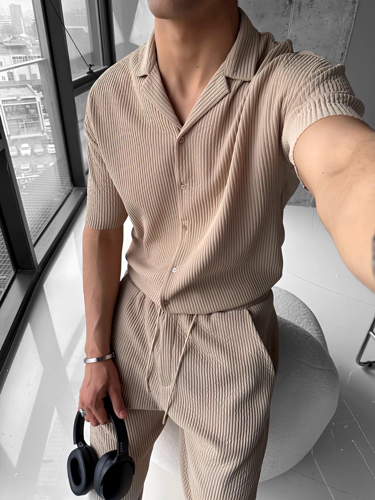 Oversize Fitilli Küba Yaka Gömlek Bej