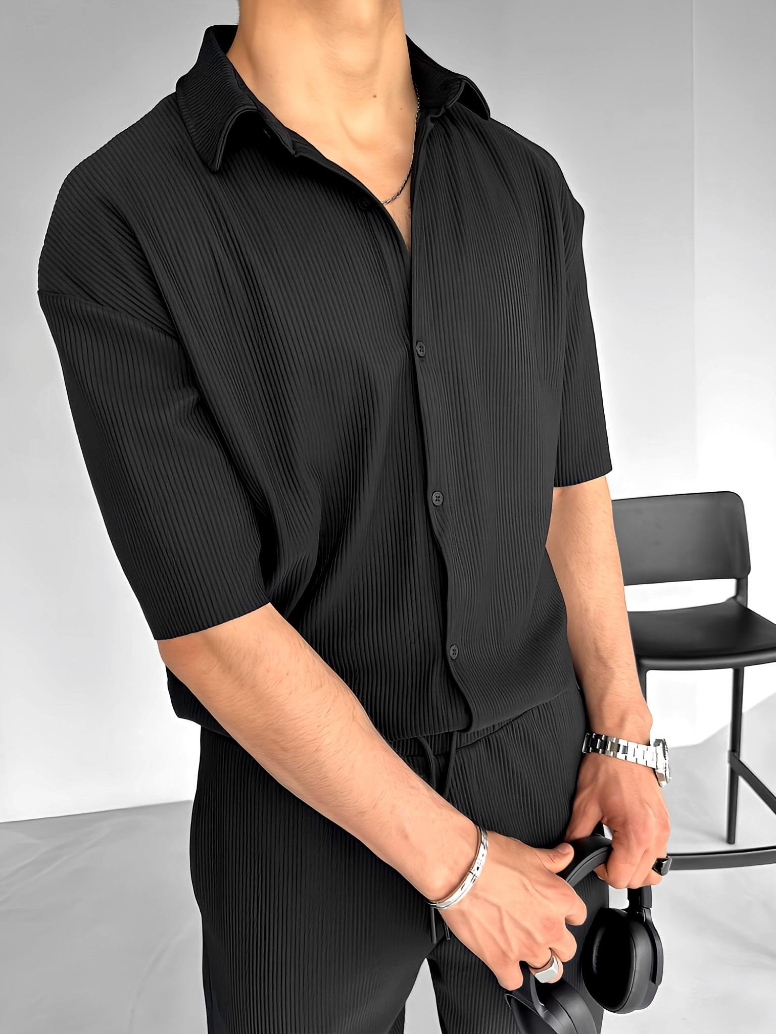 Oversize Fitilli Küba Yaka Gömlek Siyah