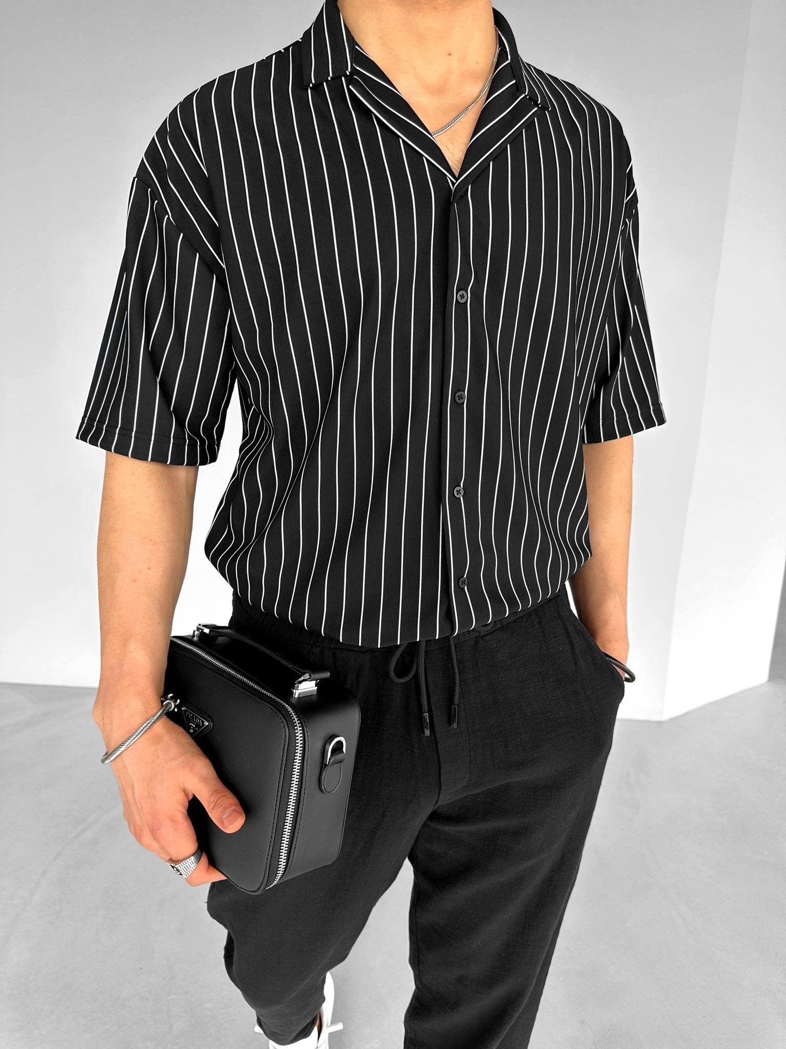 Oversize Küba Yaka Çizgili Gömlek Siyah