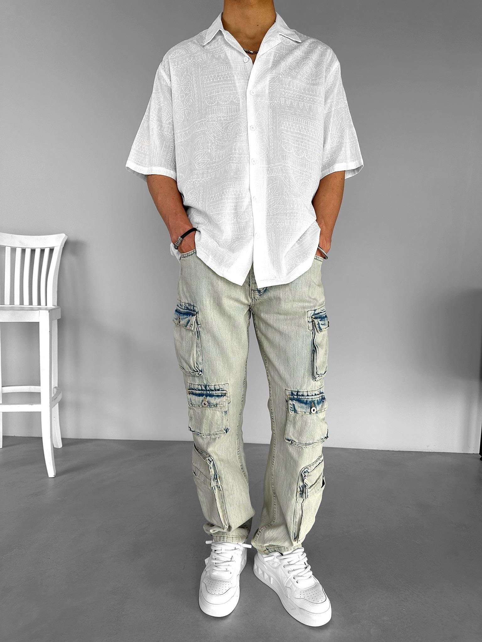 Oversize Küba Yaka Geometrik Desenli Yazlık Gömlek Ekru