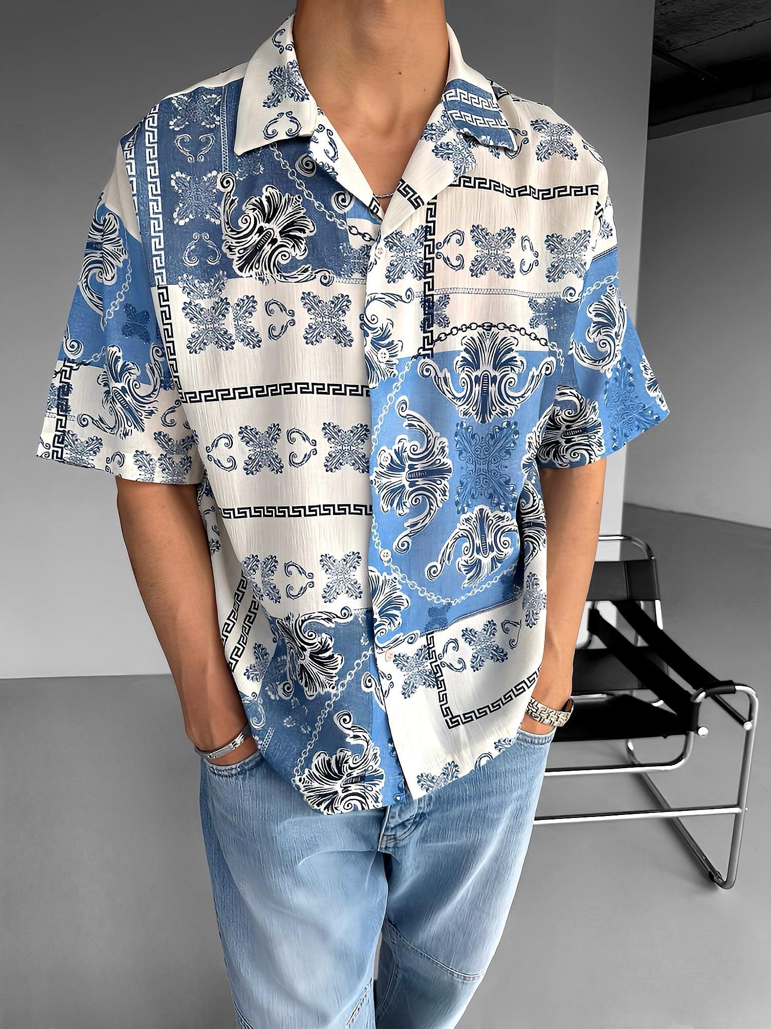 Oversize Motifli Küba Yaka Keten Gömlek Açık Mavi