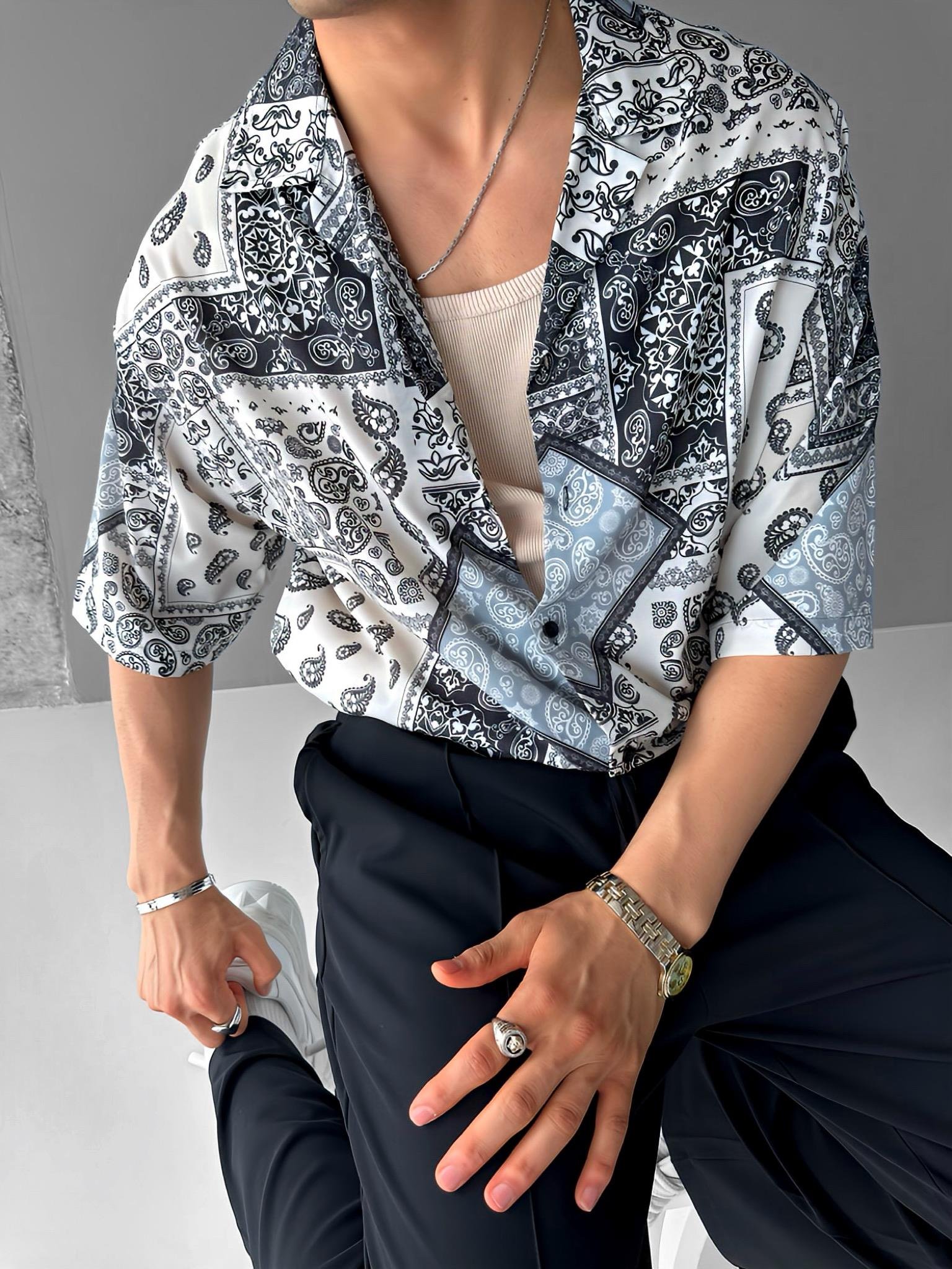 Oversize Motifli Küba Yaka Kısa Kol Gömlek Haki Yeşil