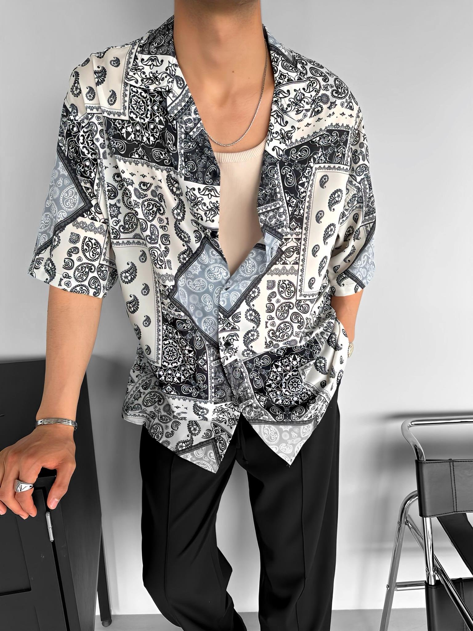 Oversize Motifli Küba Yaka Kısa Kol Gömlek Haki Yeşil