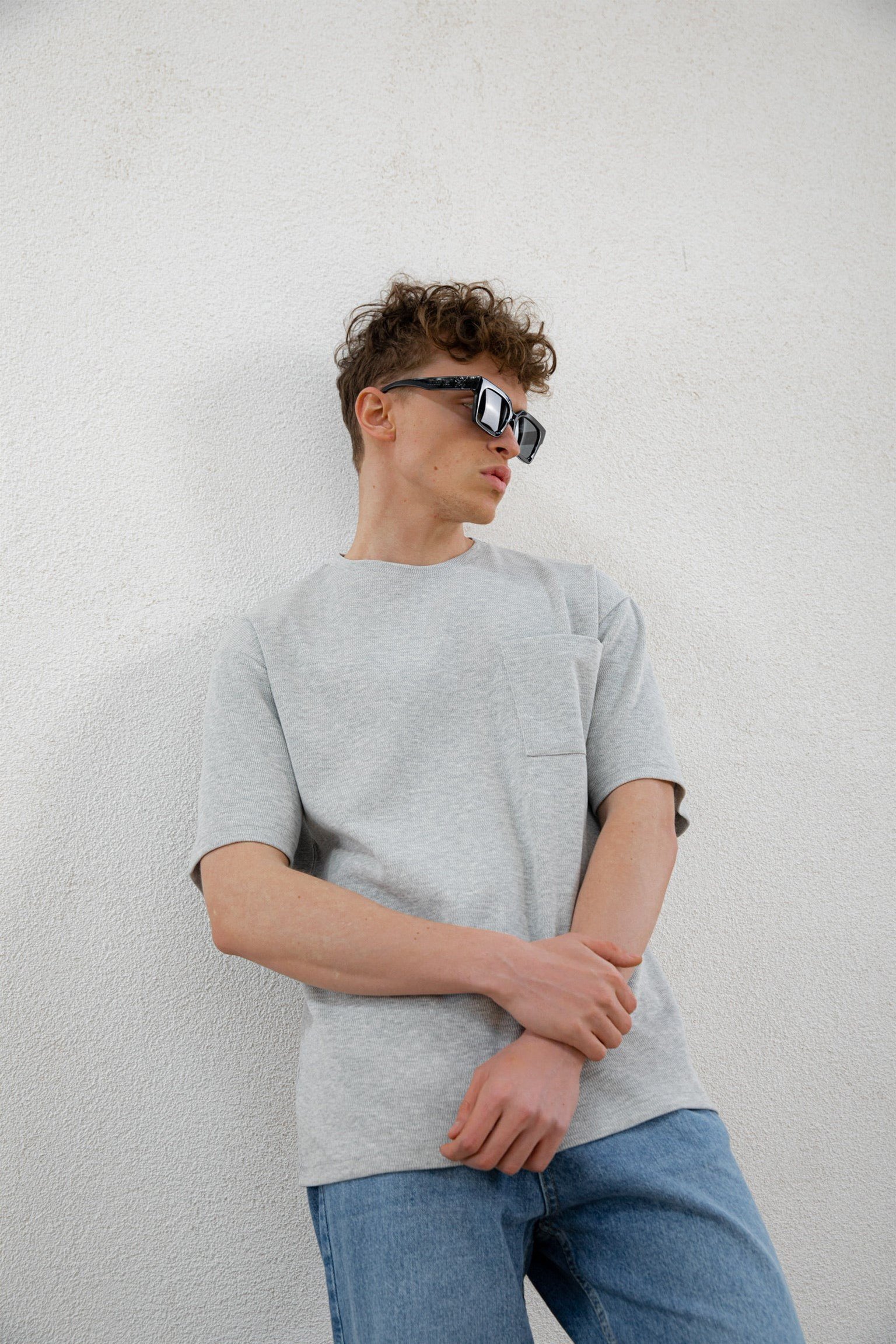 -ABLUKA-ONLİNE-Oversize-Önü-Cepli-Dokulu-T-Shirt-Gri-