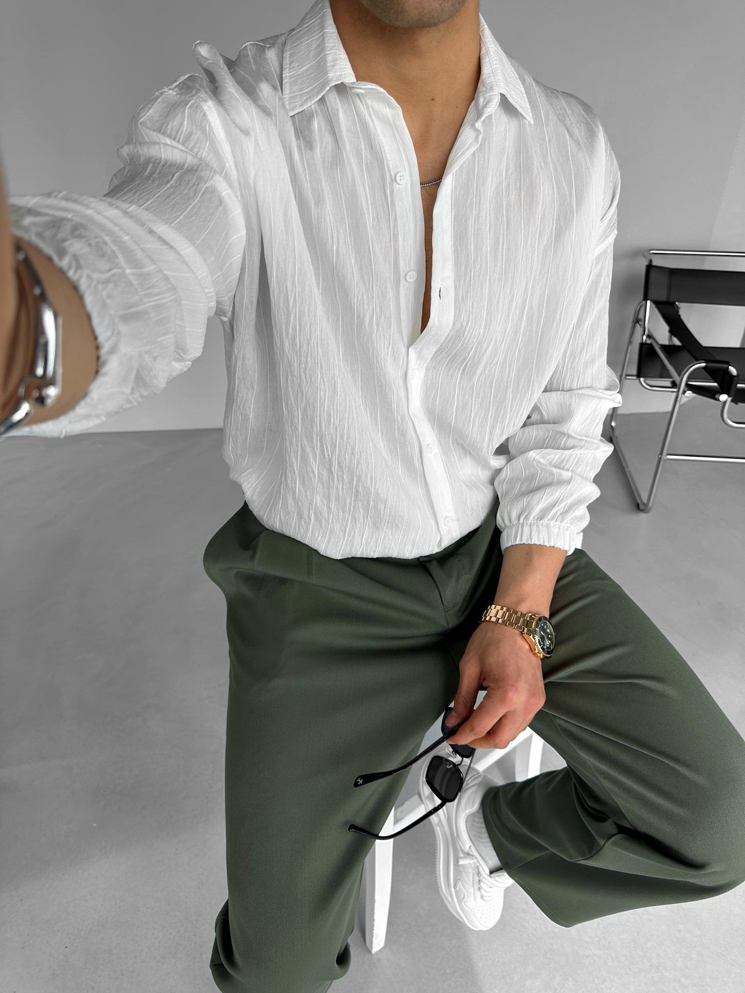 Oversize Special Dokulu Uzun Kollu Gömlek Beyaz