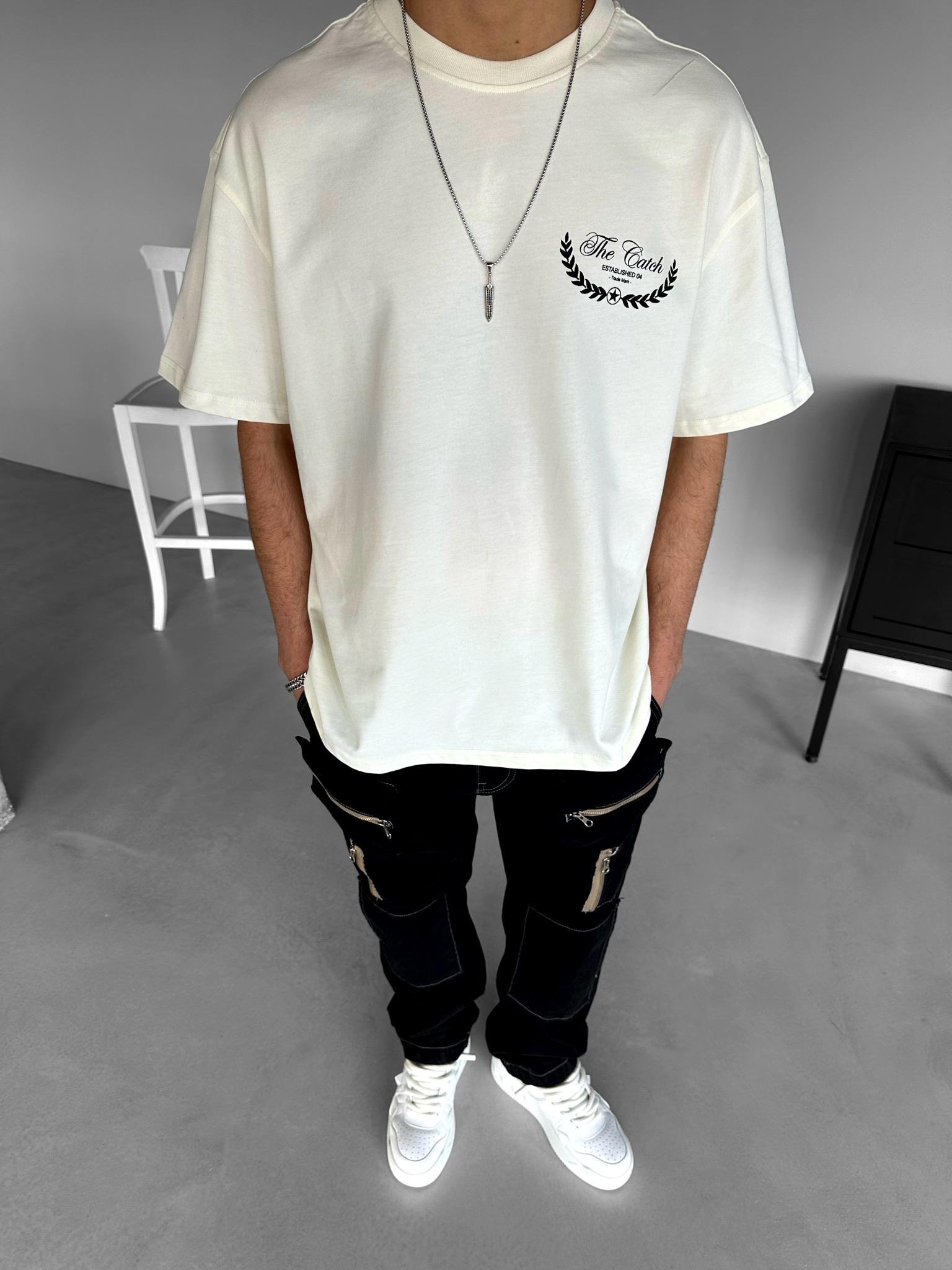 Oversize T-Shirt %100 Pamuk Dokulu Kalın Bisiklet Yaka Ekru