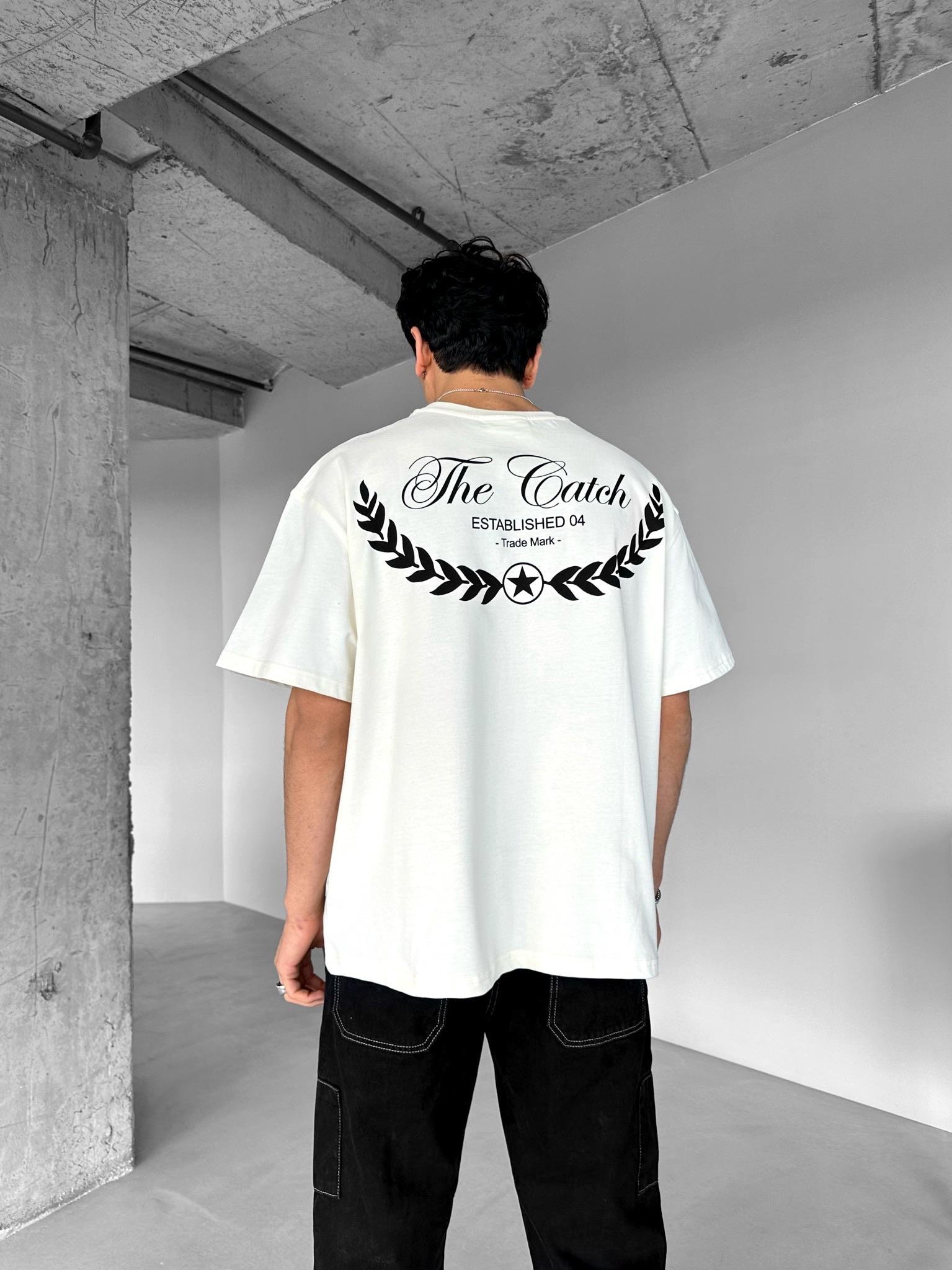 Oversize T-Shirt %100 Pamuk Dokulu Kalın Bisiklet Yaka Ekru