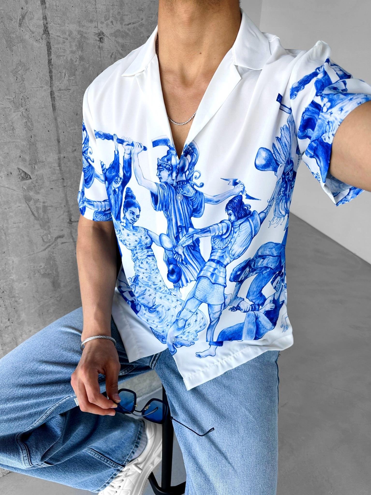 Oversize Tema Baskılı Gömlek Mavi