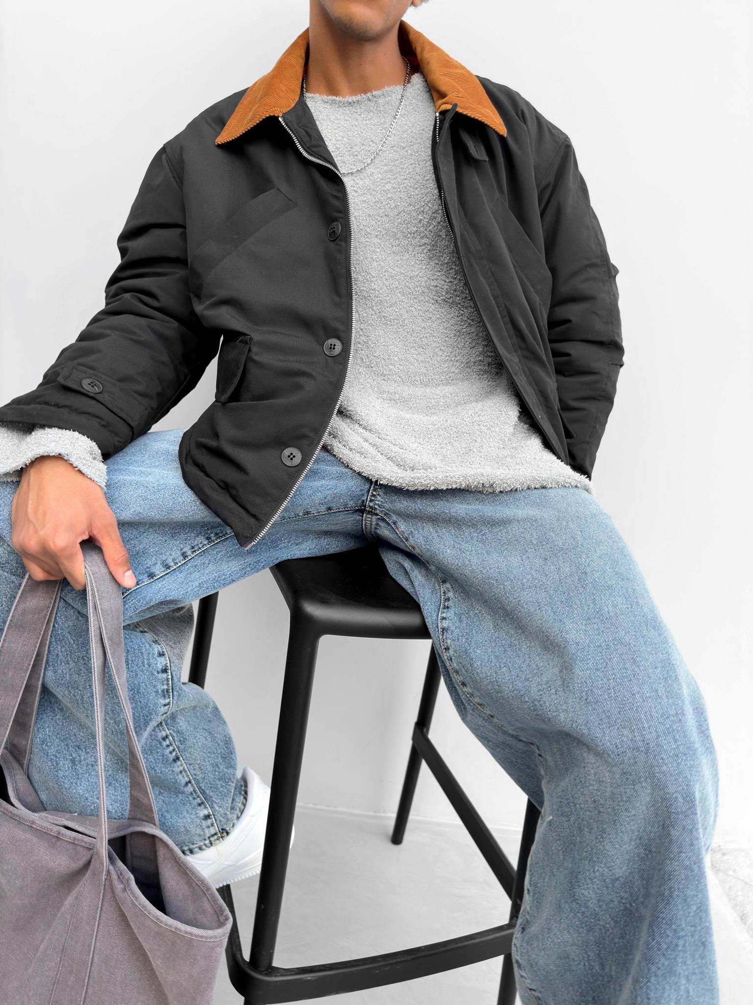 Oversize Yakalı Retro Mont Siyah