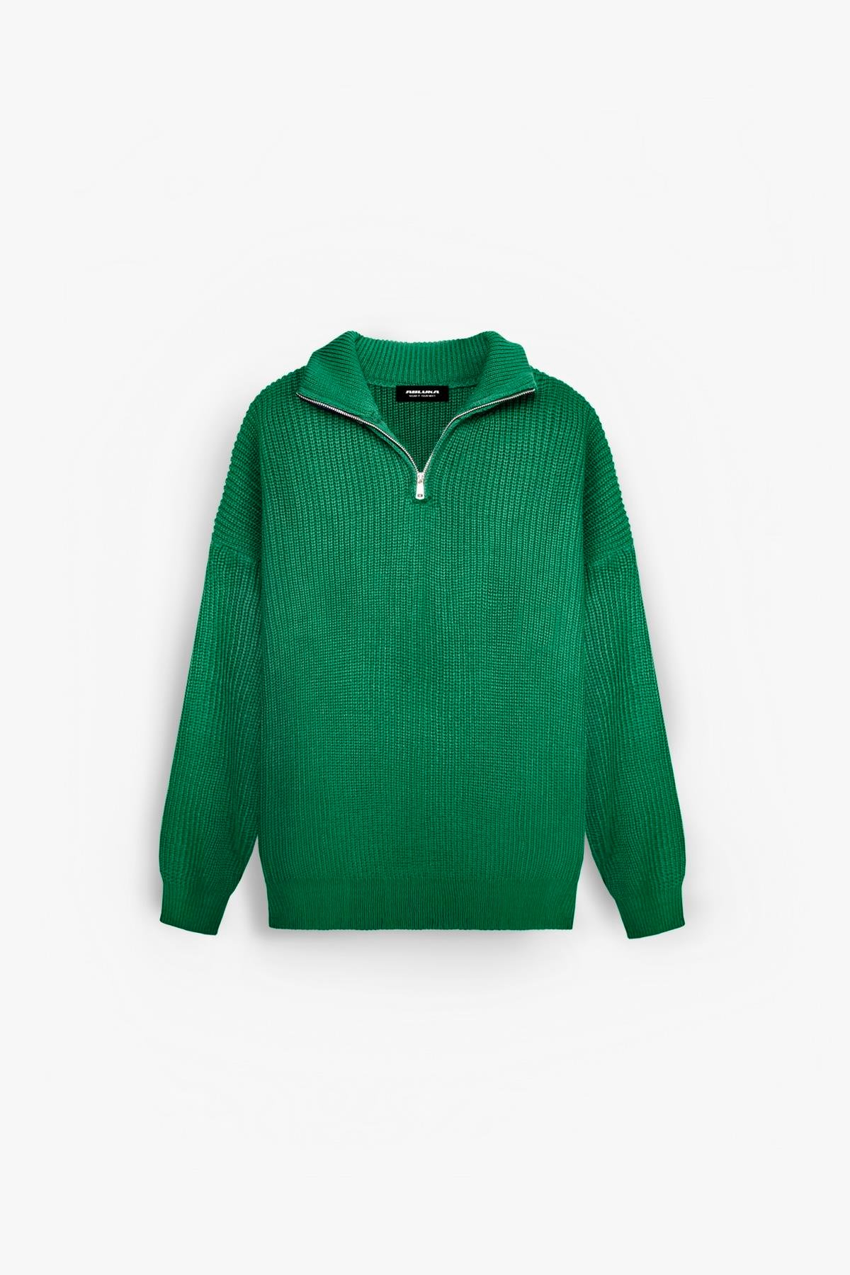 Erkek Oversize Yarım Fermuarlı Kazak Yeşil