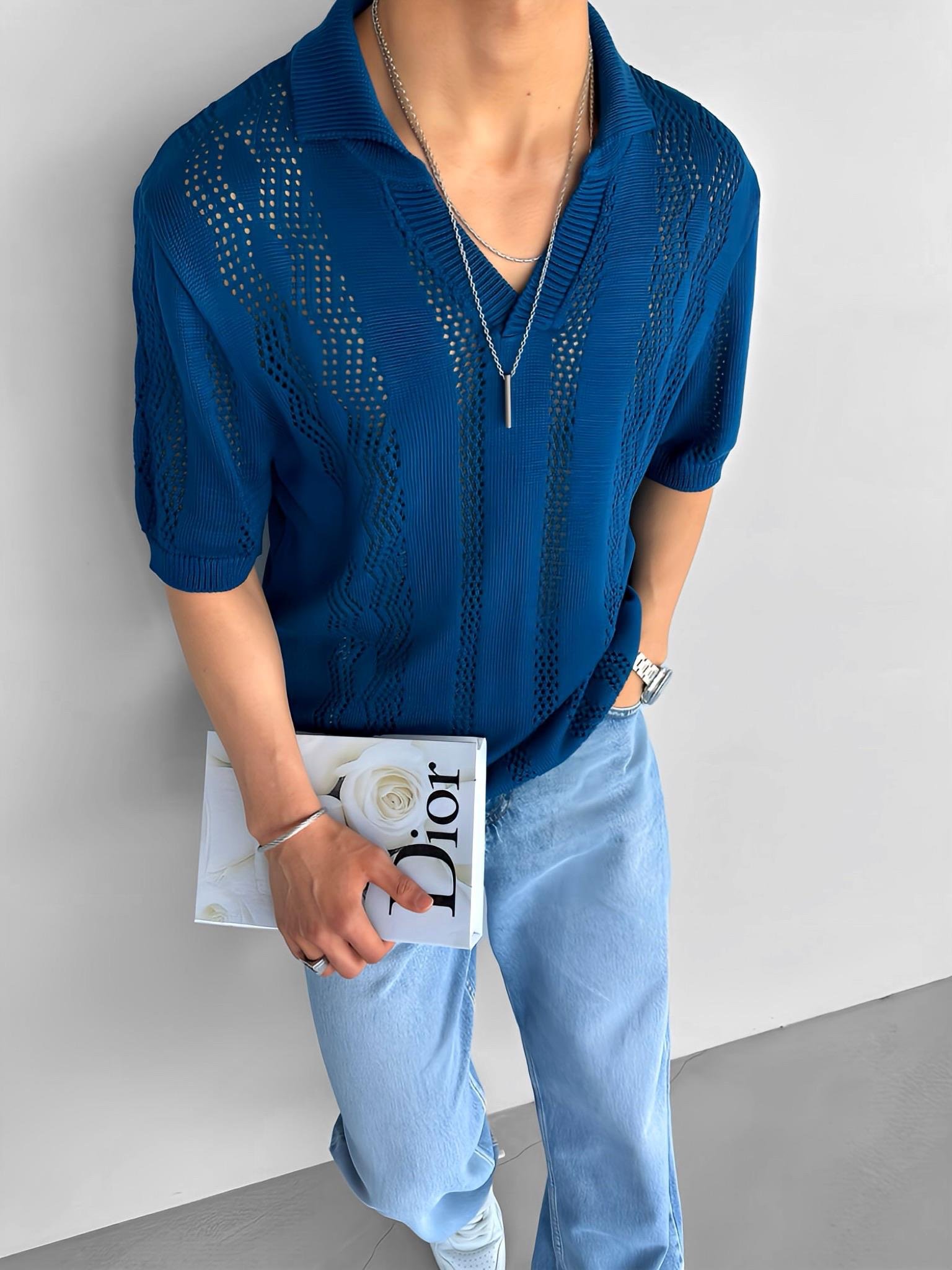 Oversize Yarım Pat Gömlek Yaka Desenli Örme T-Shirt Saks Mavi