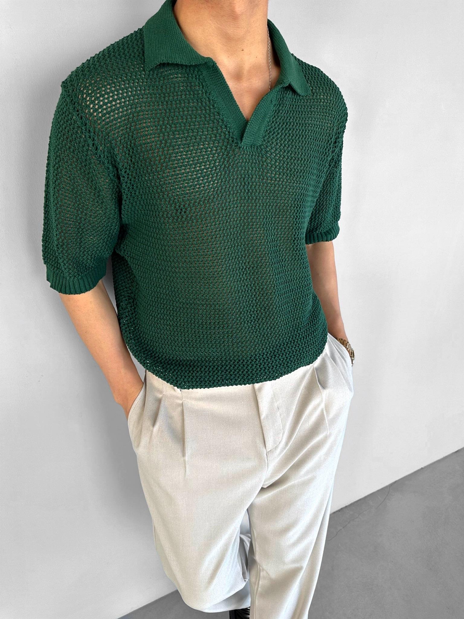 Oversize Yarım Pat Yaka File Çizgili T-Shirt Yeşil