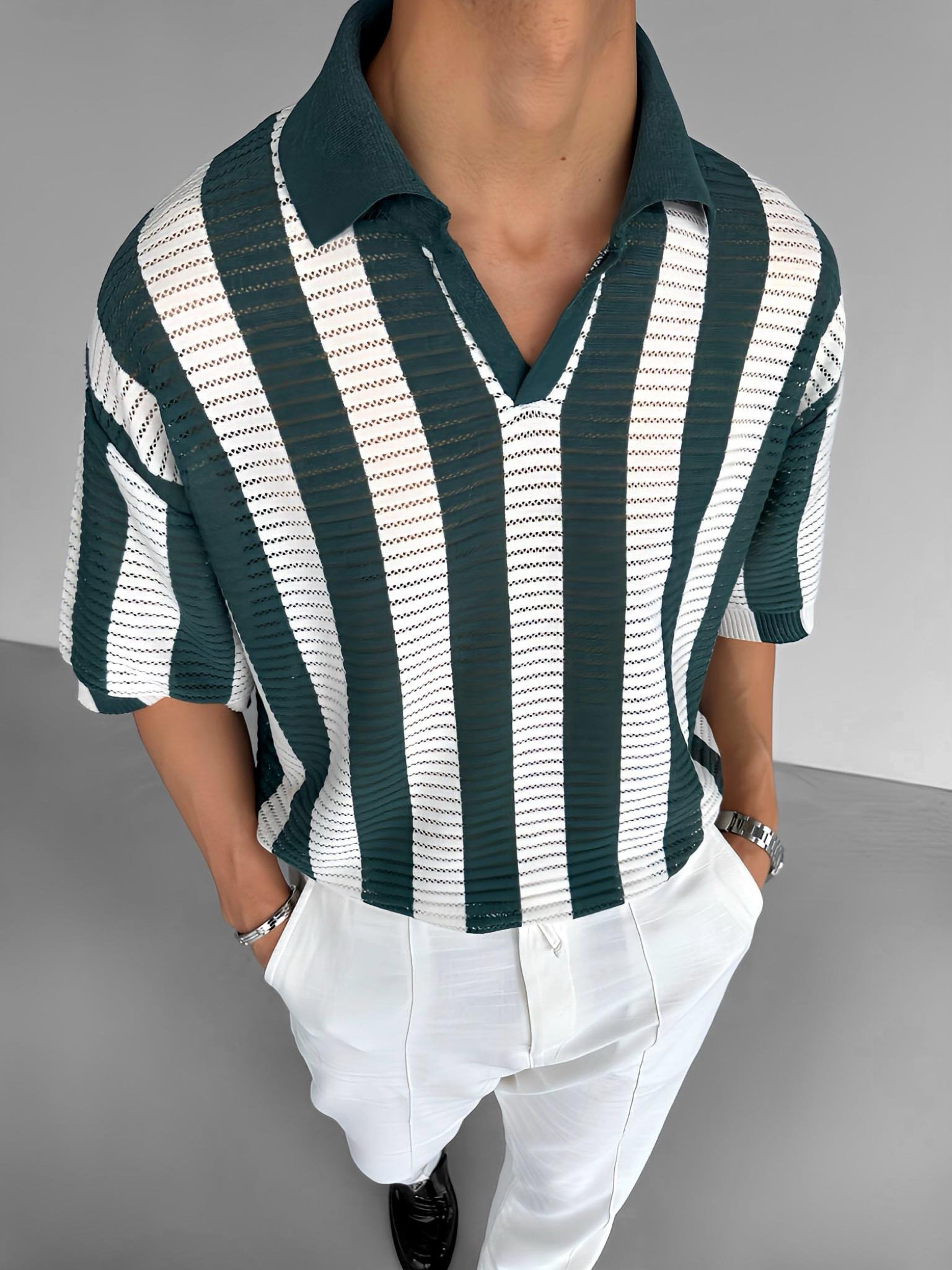 Erkek Oversize Yarım Pat Yaka Fileli Triko T-Shirt Yeşil