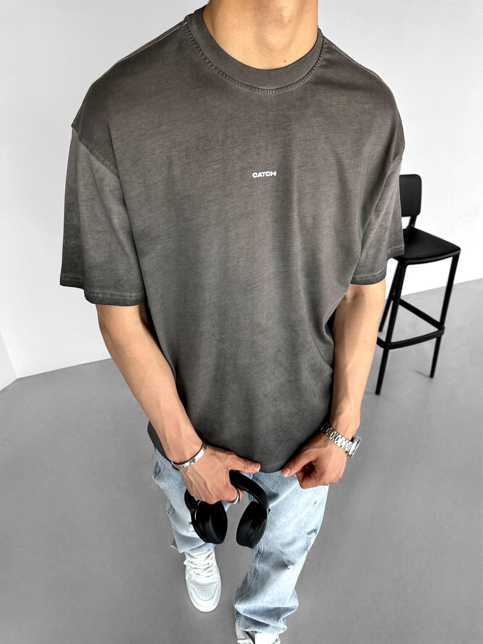 Oversize Yuvarlak Yaka Yıkamalı Catch T-Shirt Antrasit