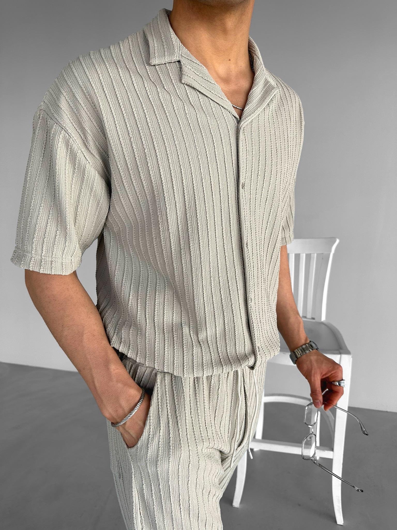 Regular Fit Desenli Triko Gömlek Gri