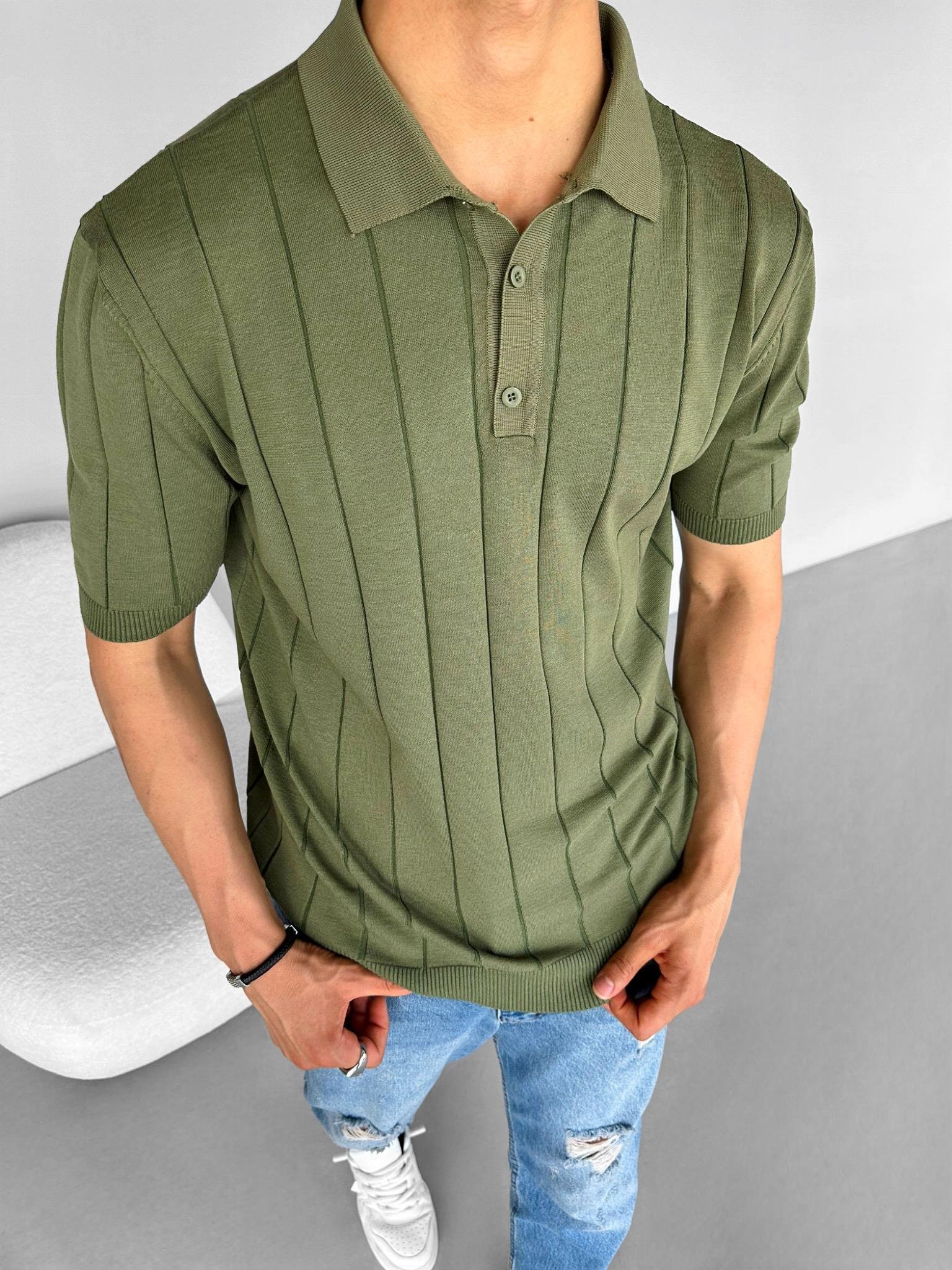 Slim Fit Polo Yaka Esneki Triko T-Shirt Yeşil