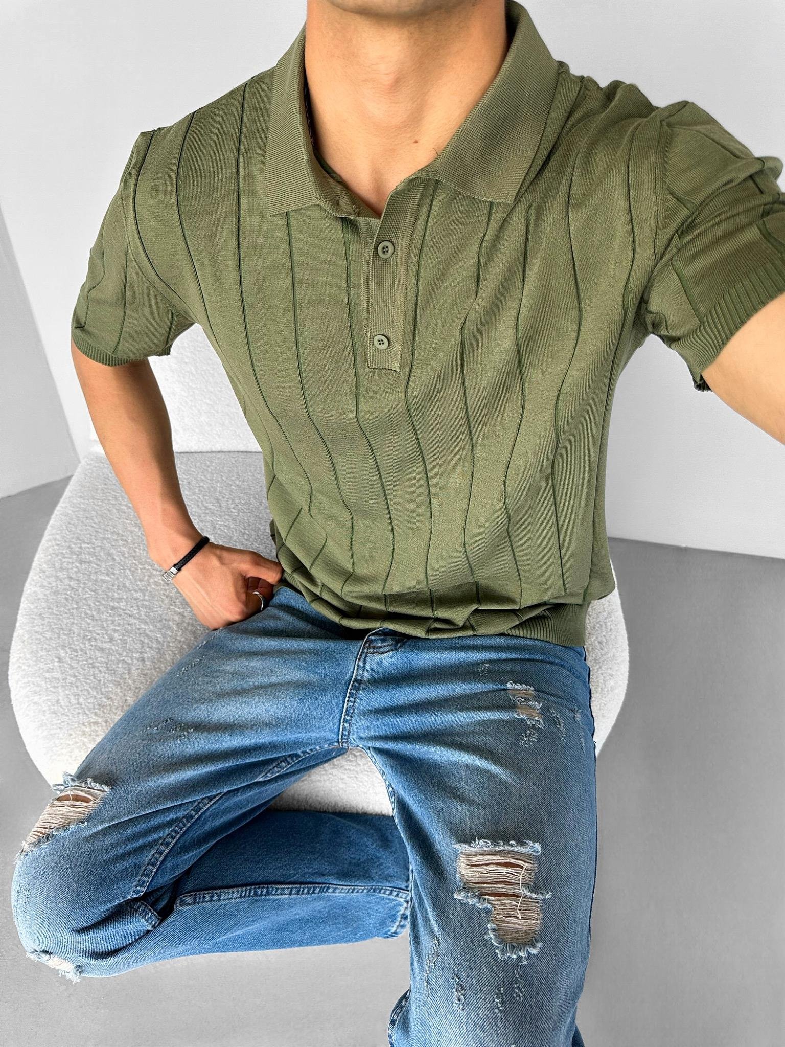 Slim Fit Polo Yaka Esneki Triko T-Shirt Yeşil