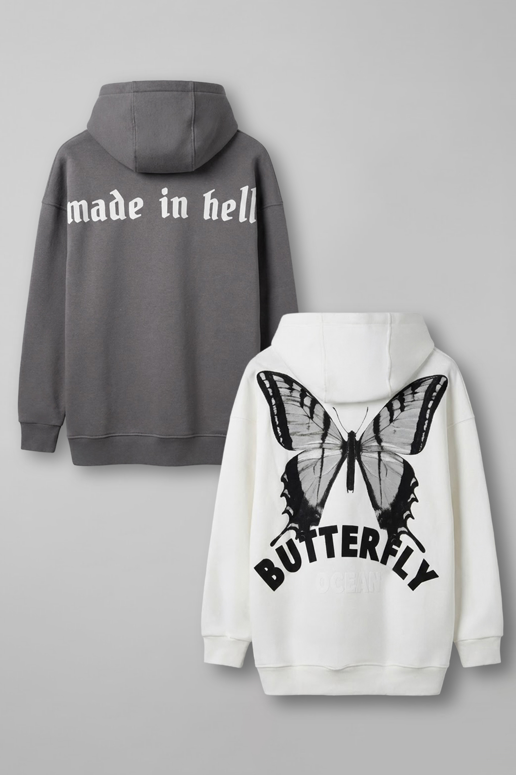 Unisex Oversize 3 İplik Kapüşonlu Baskılı 2’li Sweatshirt Gri-Beyaz