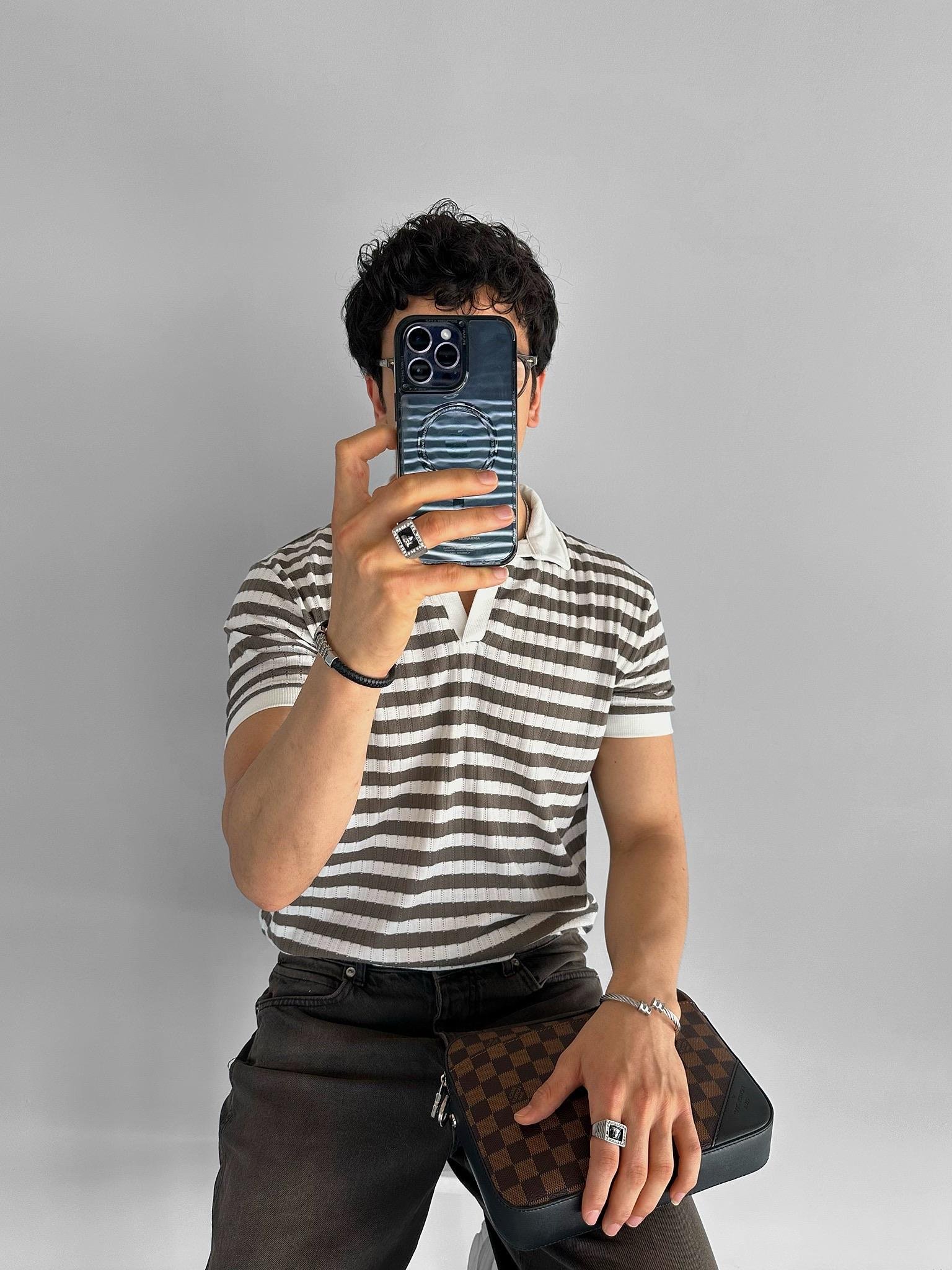 Yarım Pat Gömlek Yaka Çizgili Triko T-Shirt Kahve