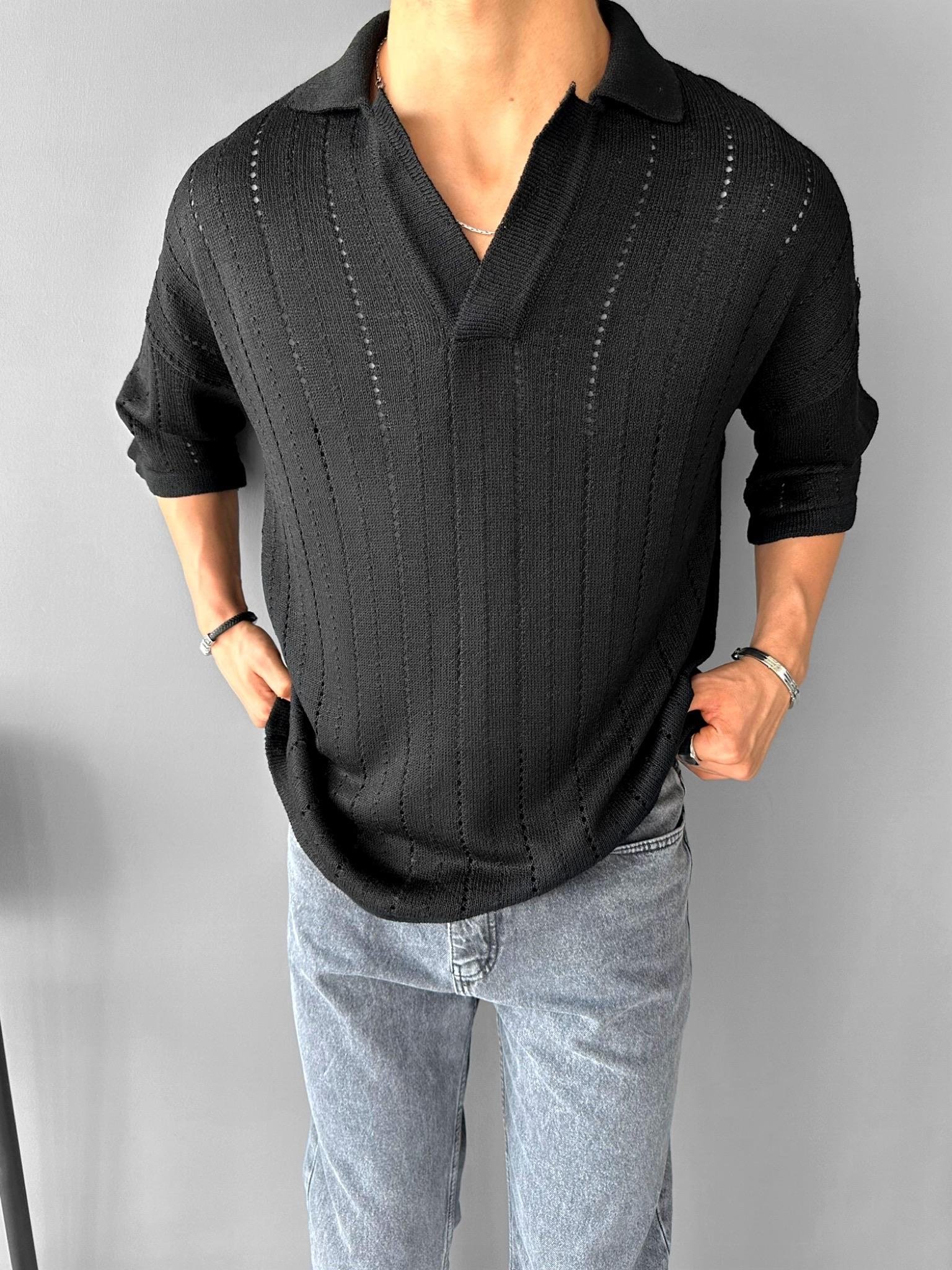 Yarım Pat Gömlek Yaka Desenli Oversize Triko T-Shirt Siyah