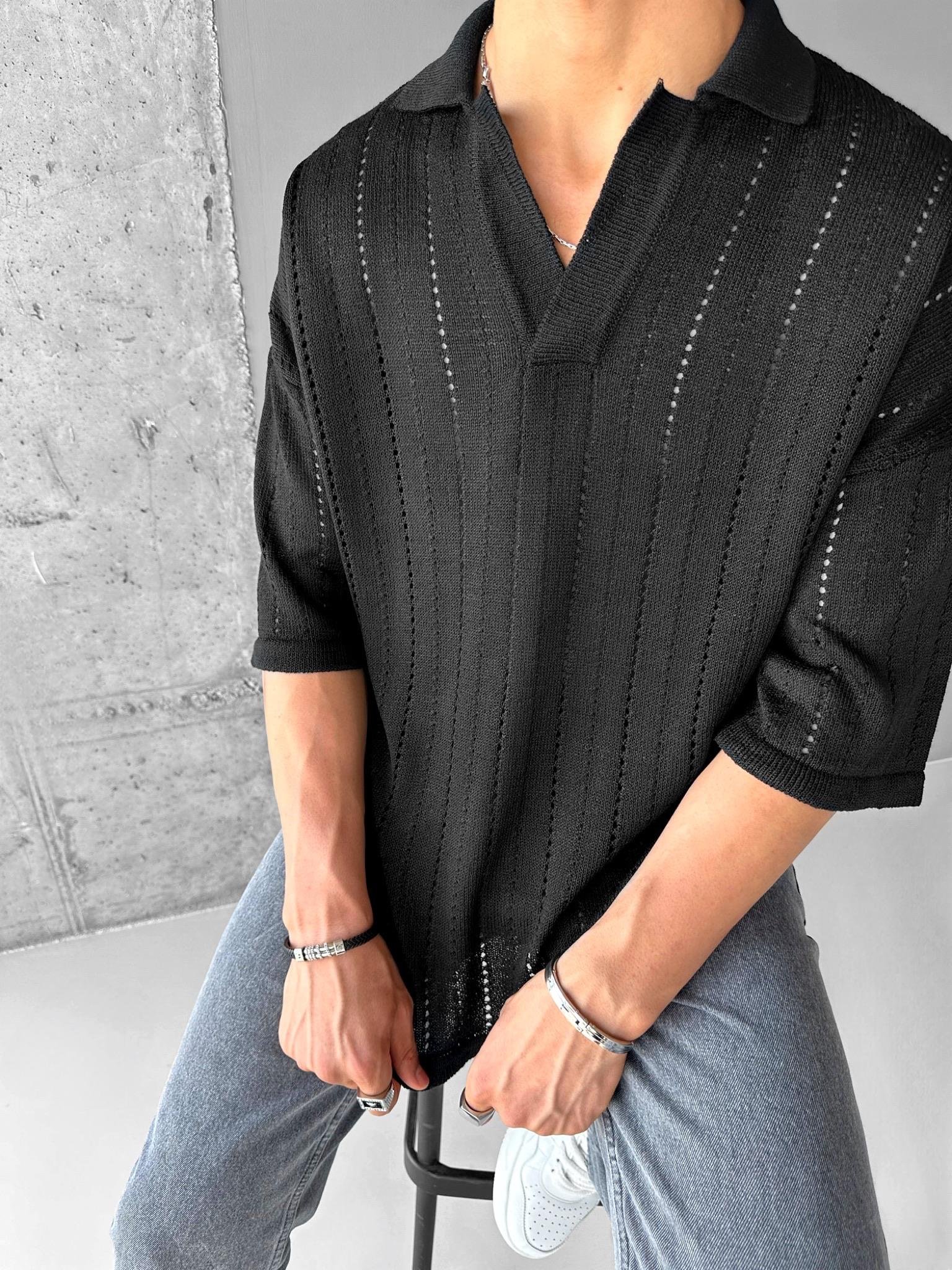 Yarım Pat Gömlek Yaka Desenli Oversize Triko T-Shirt Siyah