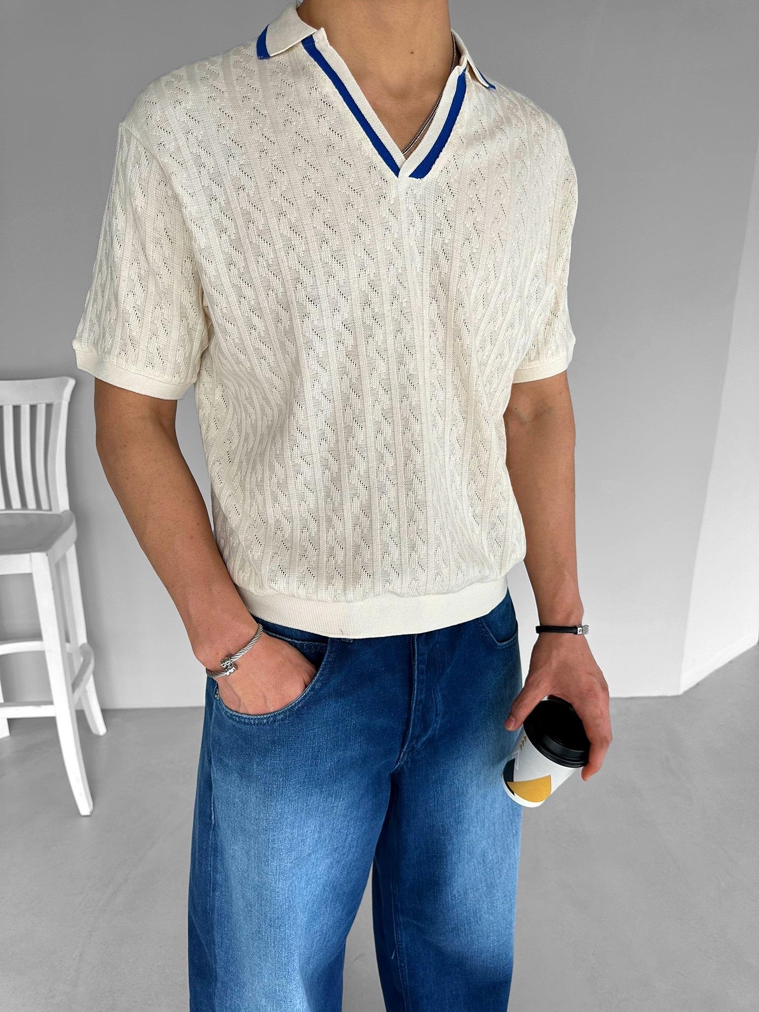 Yarım Pat Gömlek Yaka Desenli Triko T-Shirt Krem Mavi