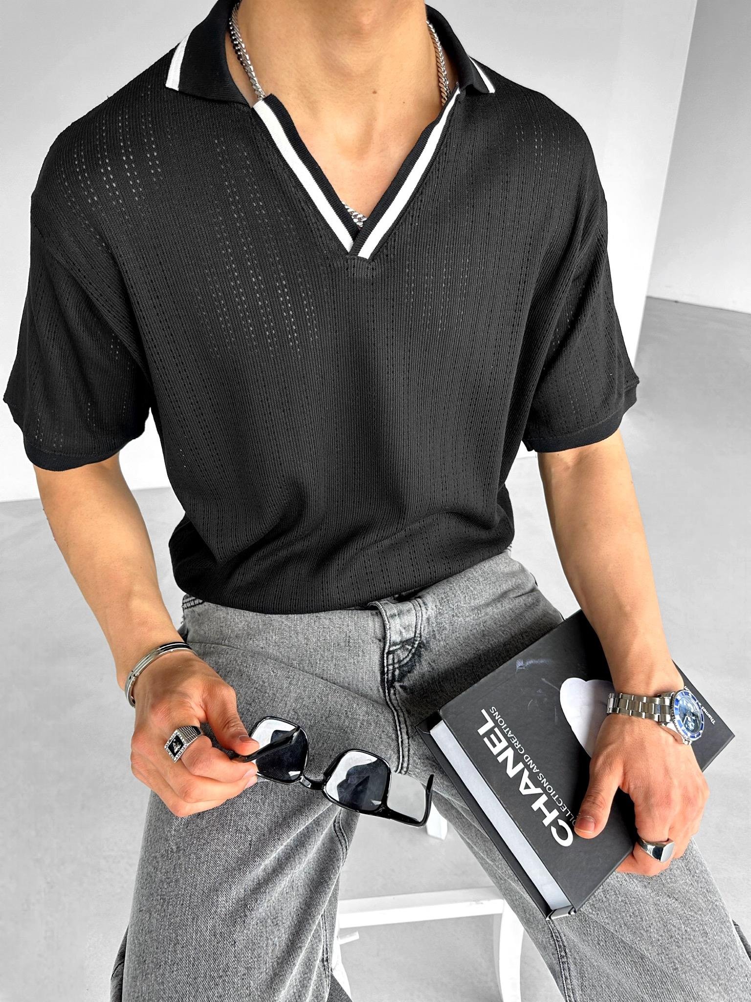 Yarım Pat Gömlek Yaka Desenli Triko T-Shirt Siyah Beyaz