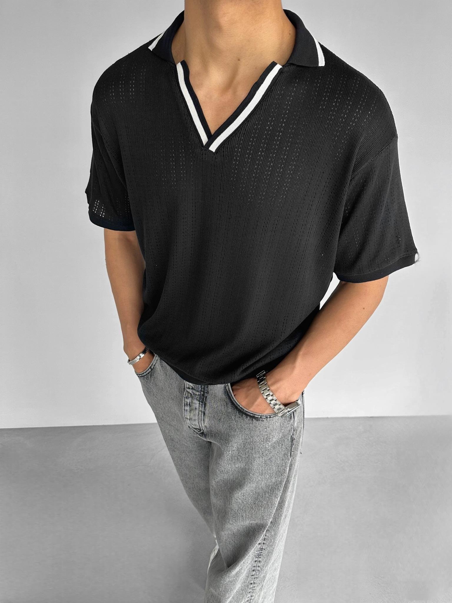 Yarım Pat Gömlek Yaka Desenli Triko T-Shirt Siyah Beyaz