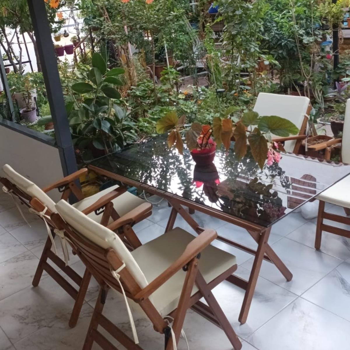 Antalya Ahşap Masa Sandalye Takımları - 4 Kişilik Düz Minderli Katlanır Bahçe Balkon Set