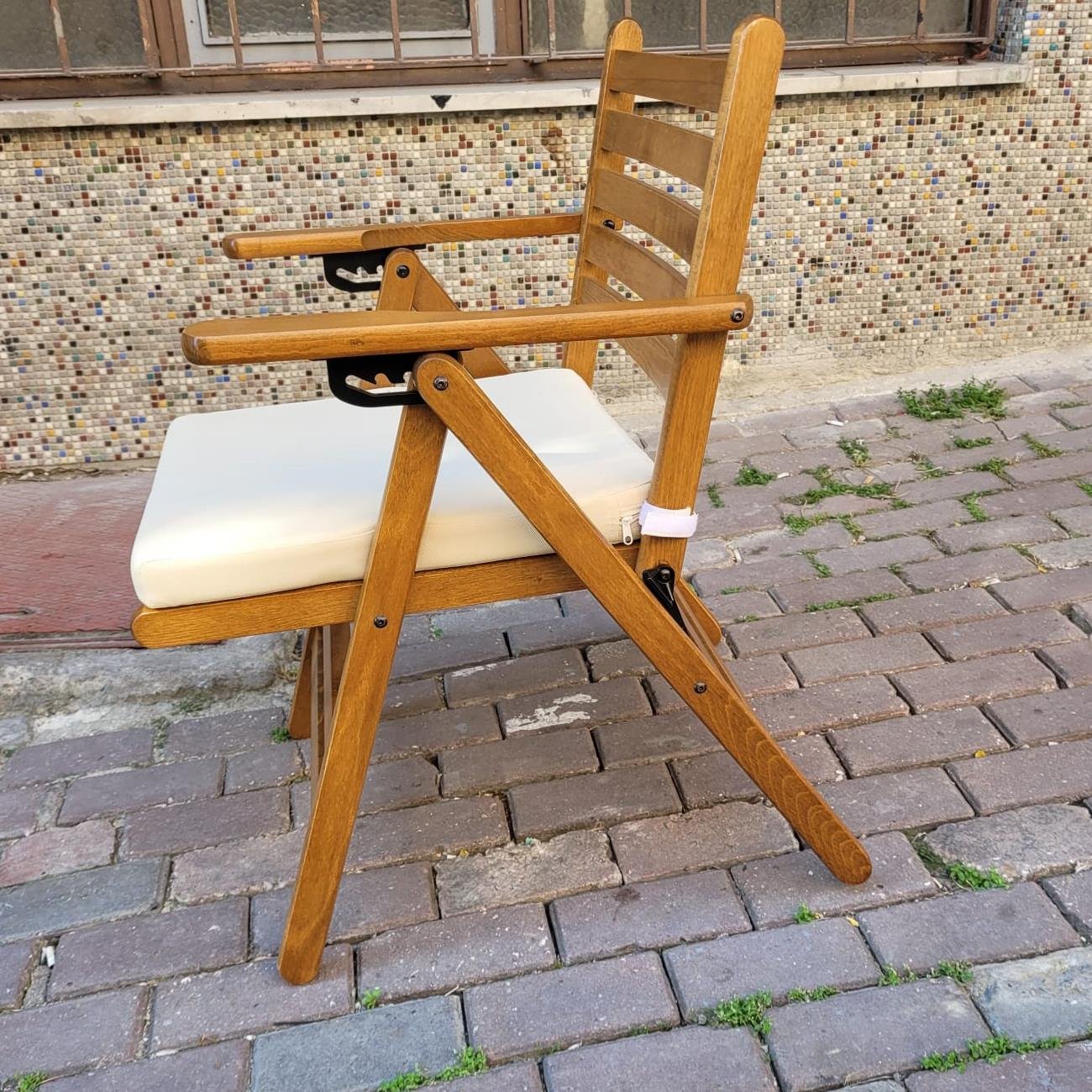 Antalya Katlanır Ahşap Bahçe Balkon Sandalyesi -Kolçaklı, Düz Minderli, 4 Kademe