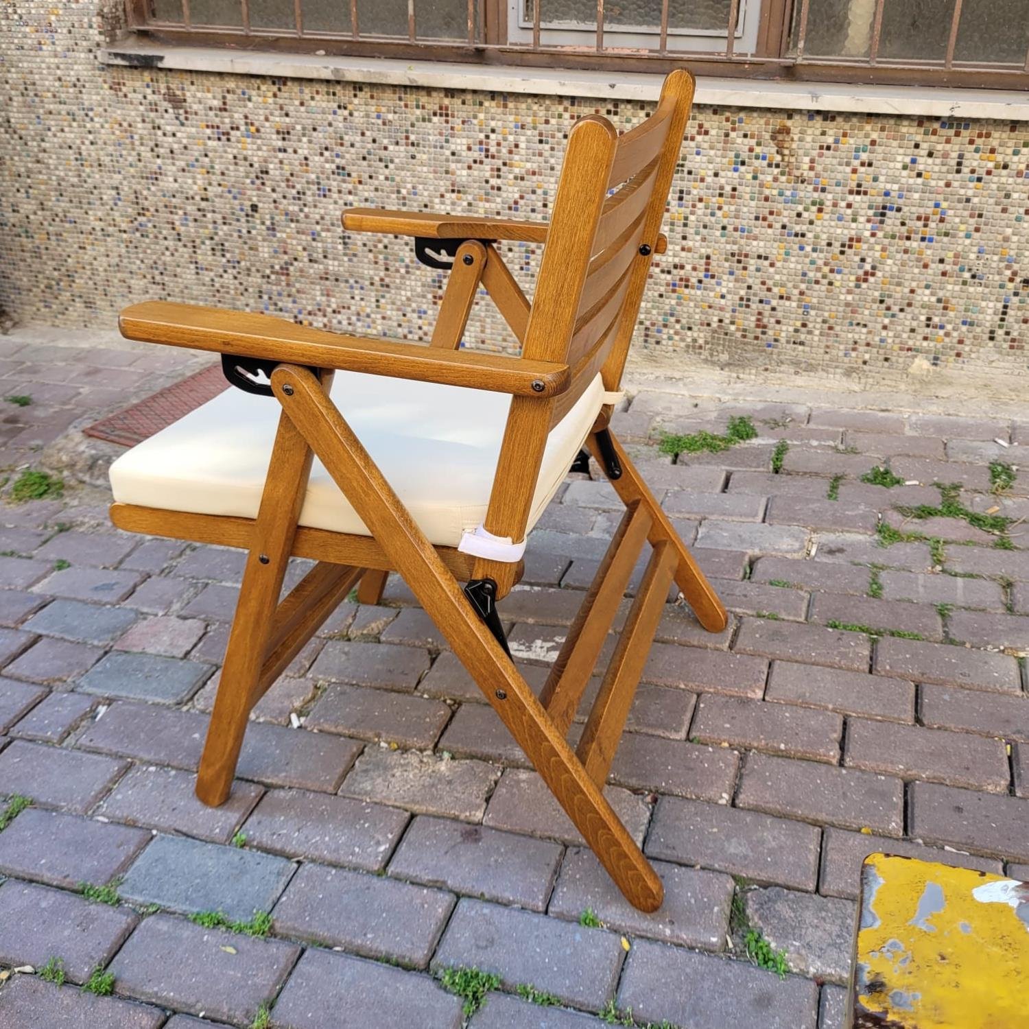 Antalya Katlanır Ahşap Bahçe Balkon Sandalyesi -Kolçaklı, Düz Minderli, 4 Kademe